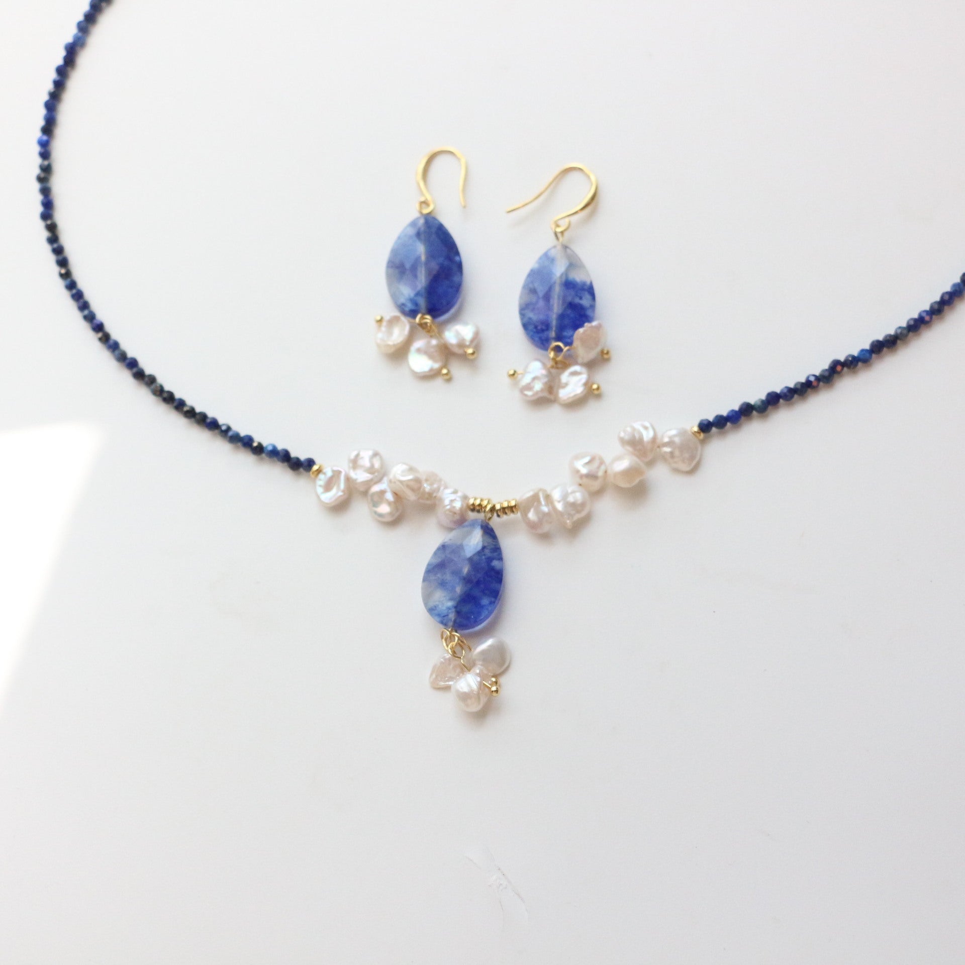 Jekira Lapis Lazuli & Petal Pearl Beaded Necklace and Earrings Set