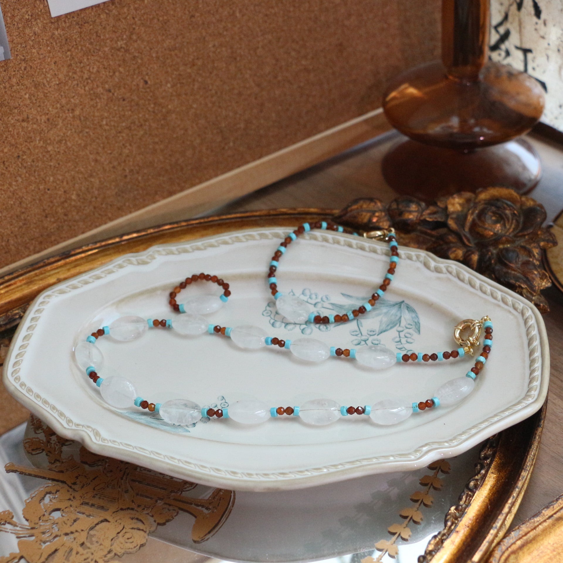 JEKIRA Oval White Quartz & Turquoise Bead Trio Set with Spessartine Garnet