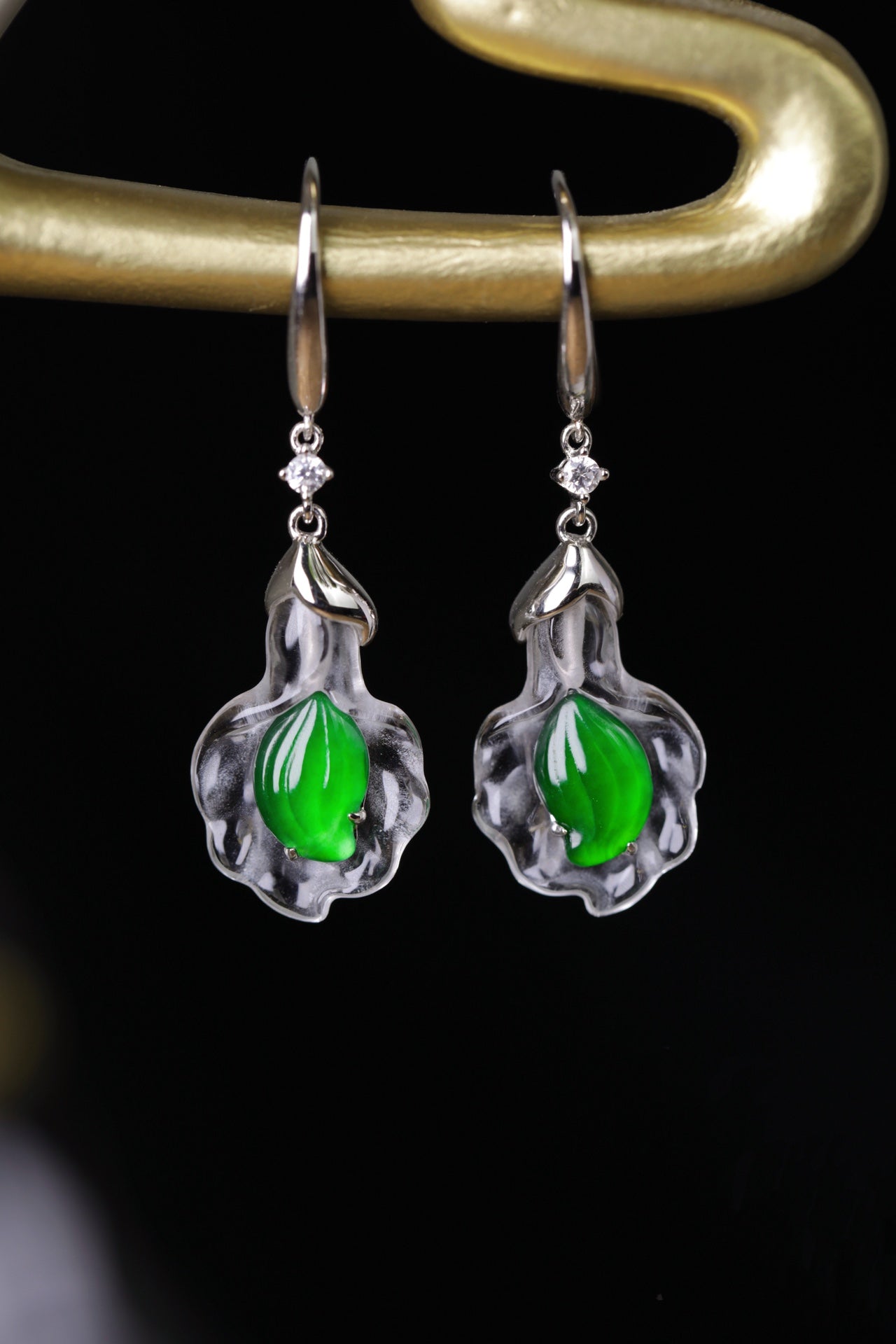 Crystal Shell and Green Jade Leaf Drop Earrings
