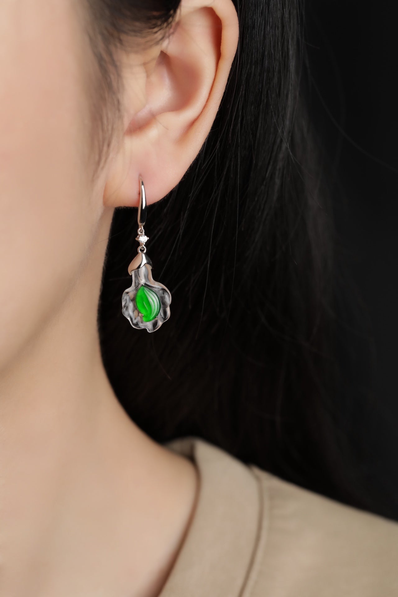 Crystal Shell and Green Jade Leaf Drop Earrings