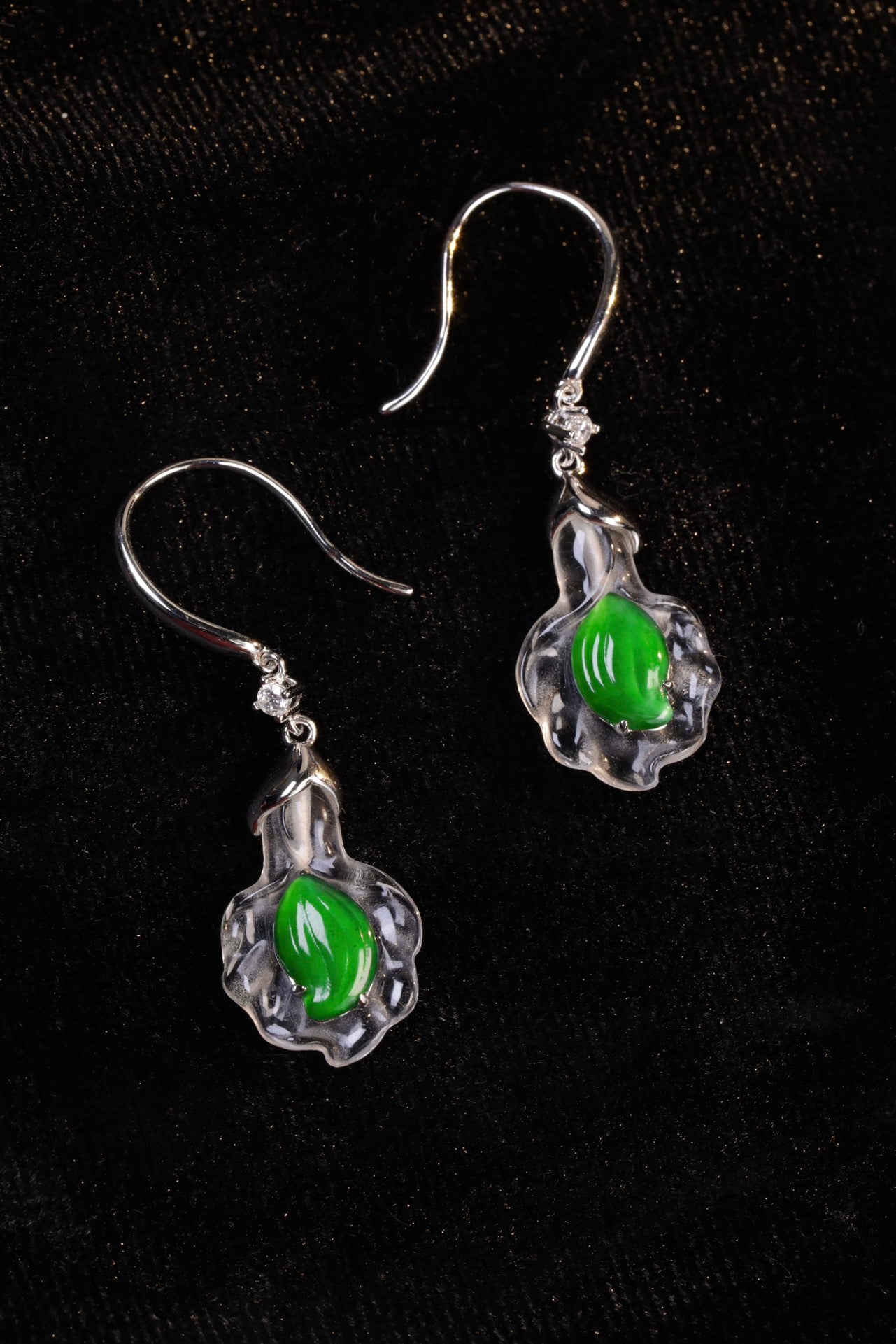 Crystal Shell and Green Jade Leaf Drop Earrings