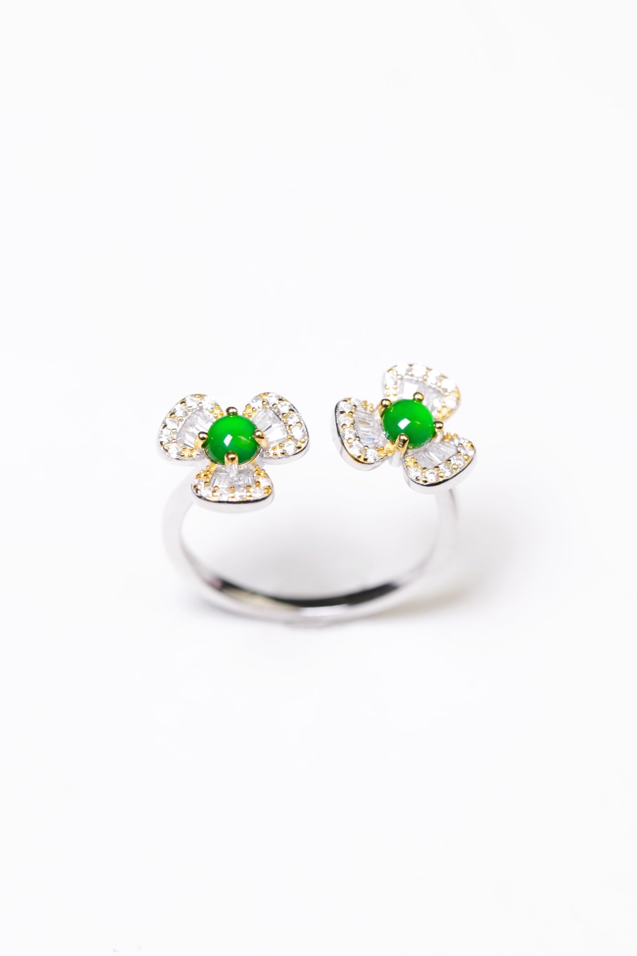 925 Silver Twin Flower Ring Natural Jade