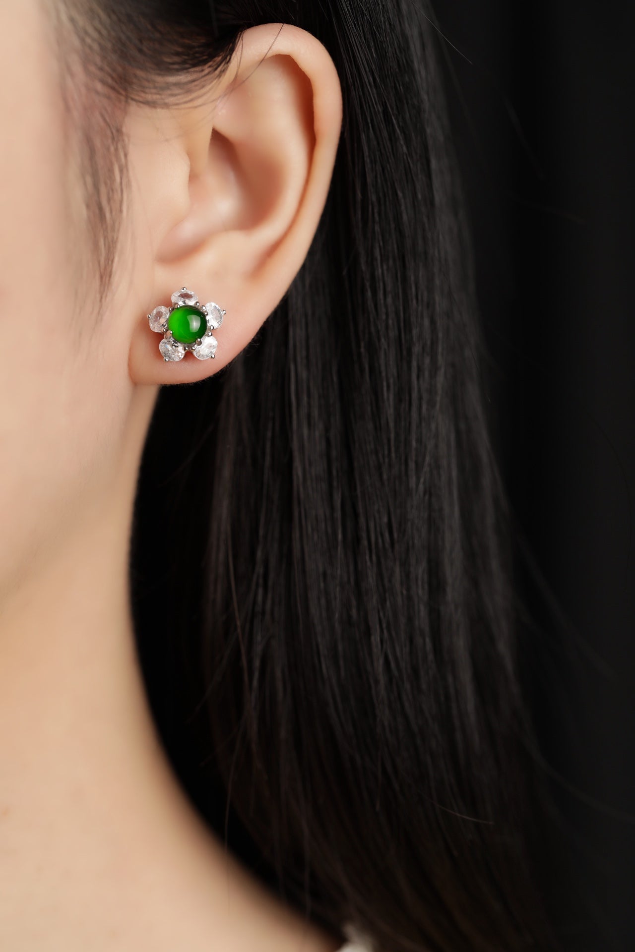 Zircon & Jade Flower Stud Earrings | Jekira