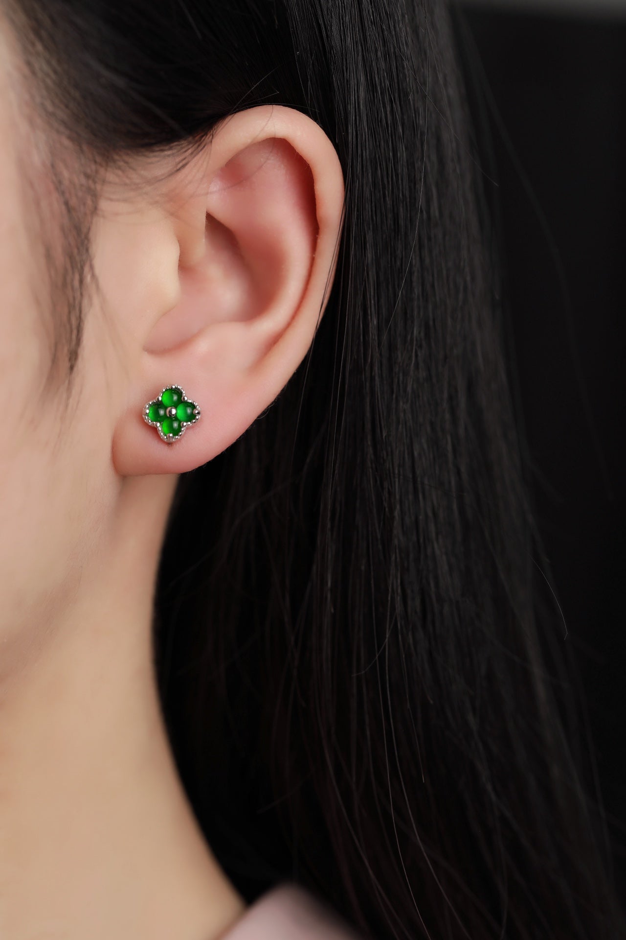 Lucky Clover Jade Stud Earrings in Silver | Jekira
