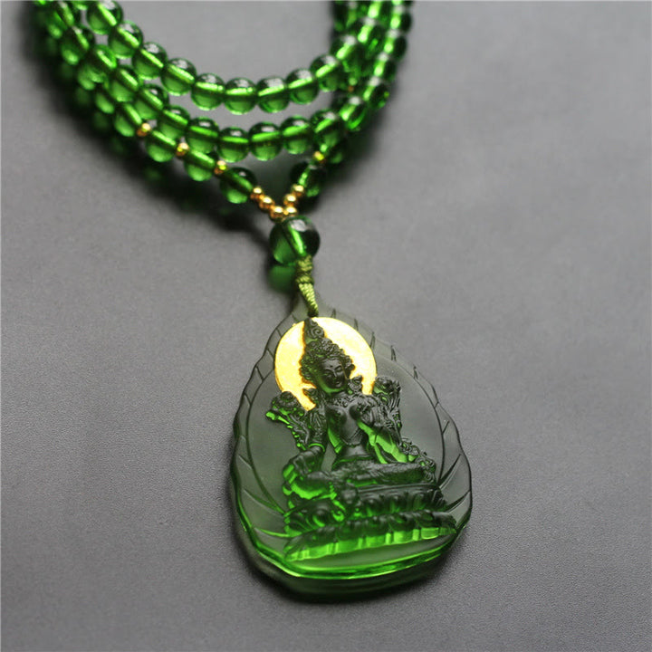 Tibetan Green Tara Buddha Gold Plated Liuli Crystal Protection Necklace Pendant