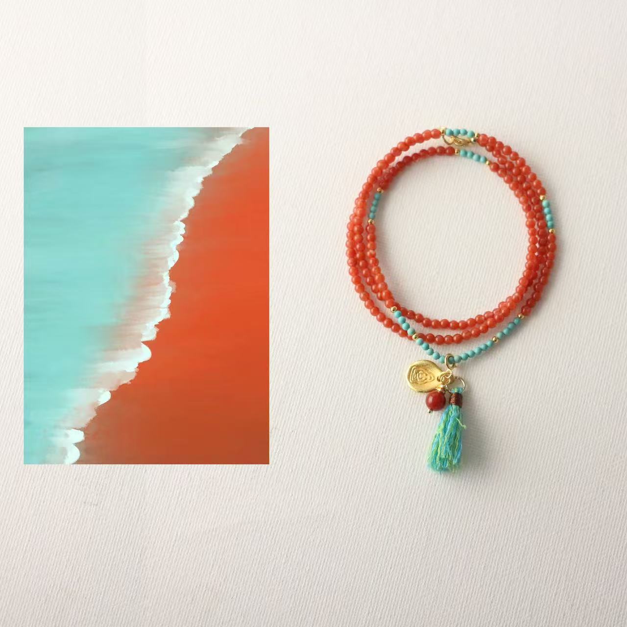 Jekira Red Agate & Turquoise Tassel Necklace with Adjustable 925 Silver Bracelet Set