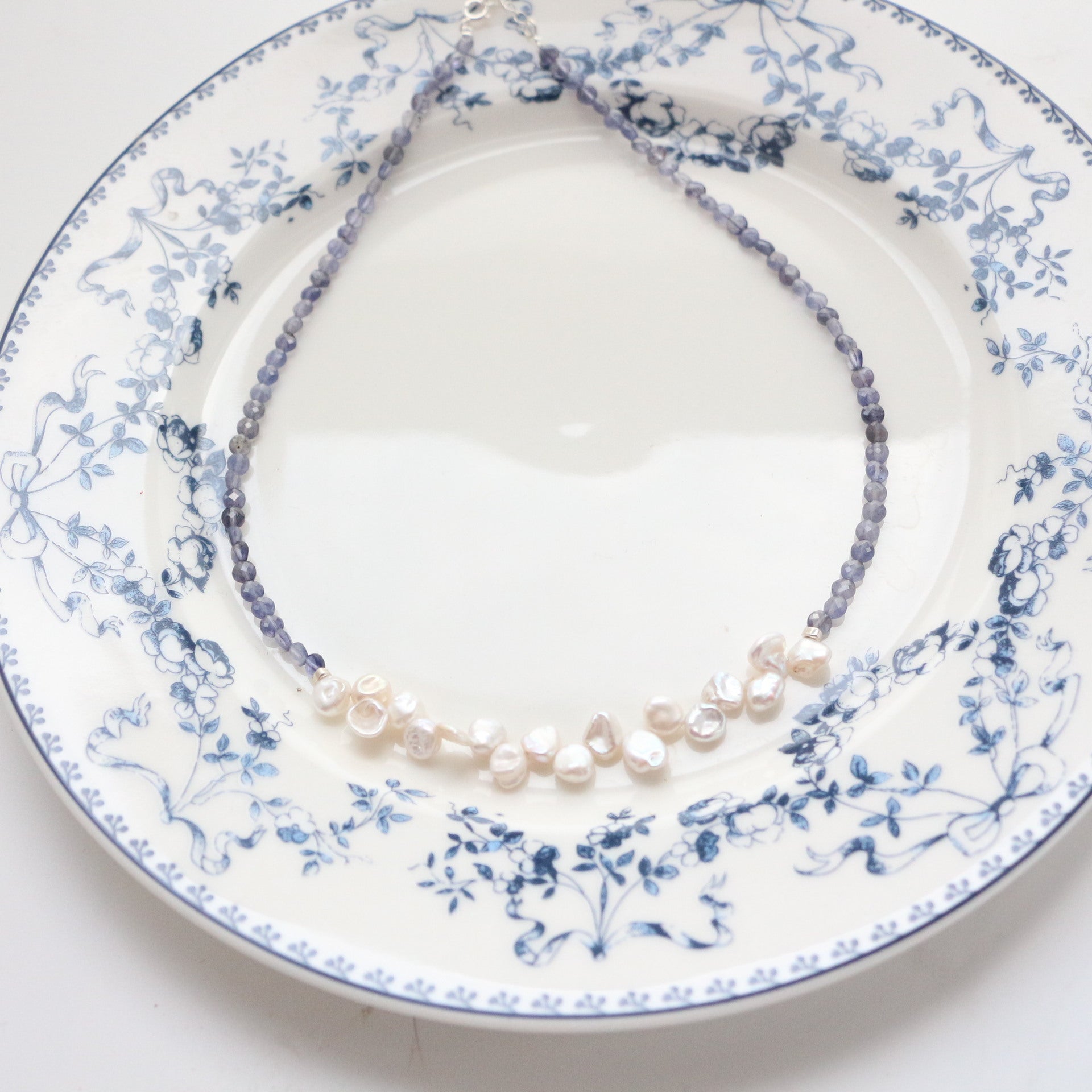 Jekira Chinese-Inspired Blue Gemstone & Petal Pearl Necklace Set
