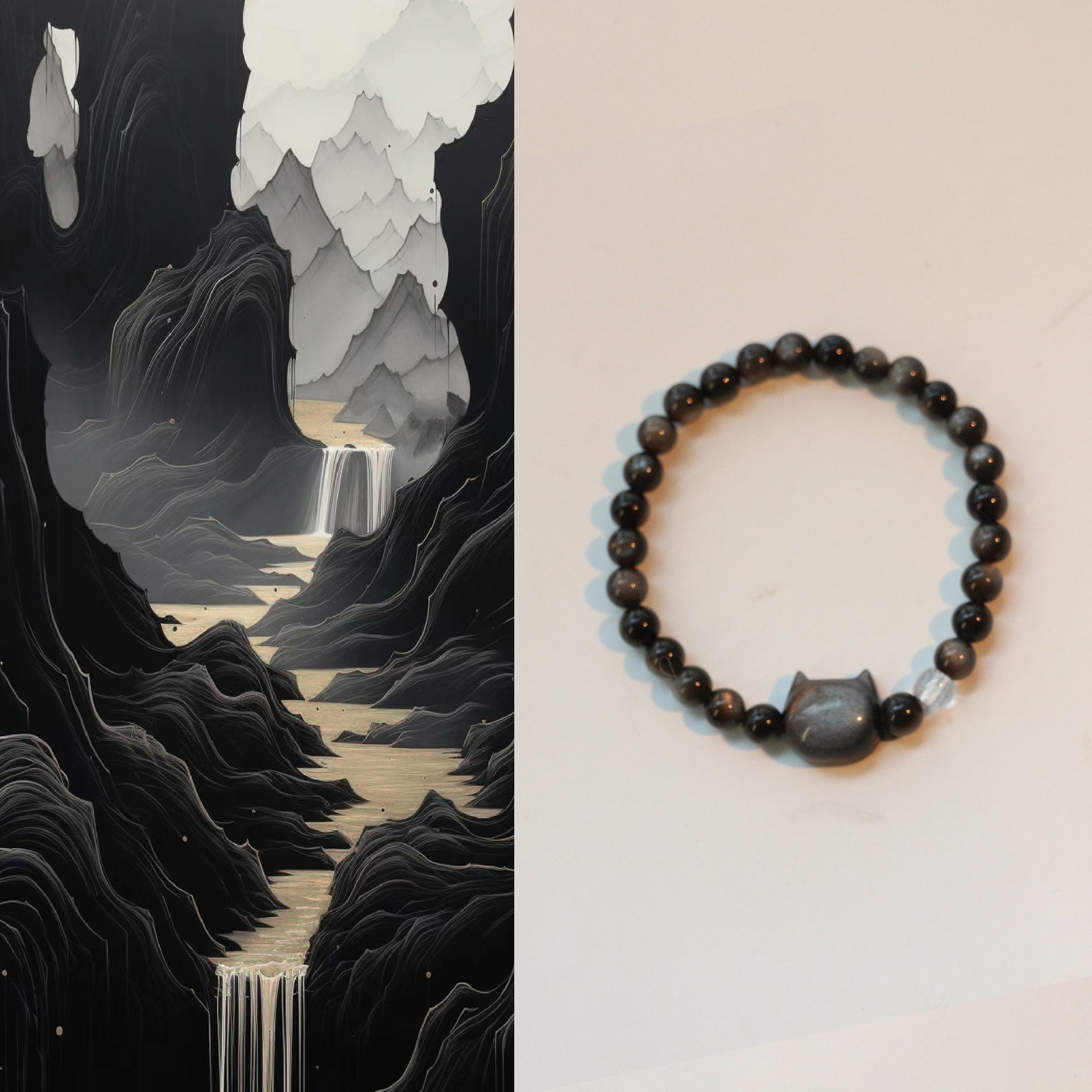JEKIRA Minimalist Obsidian & Cat Charm Bracelet Set