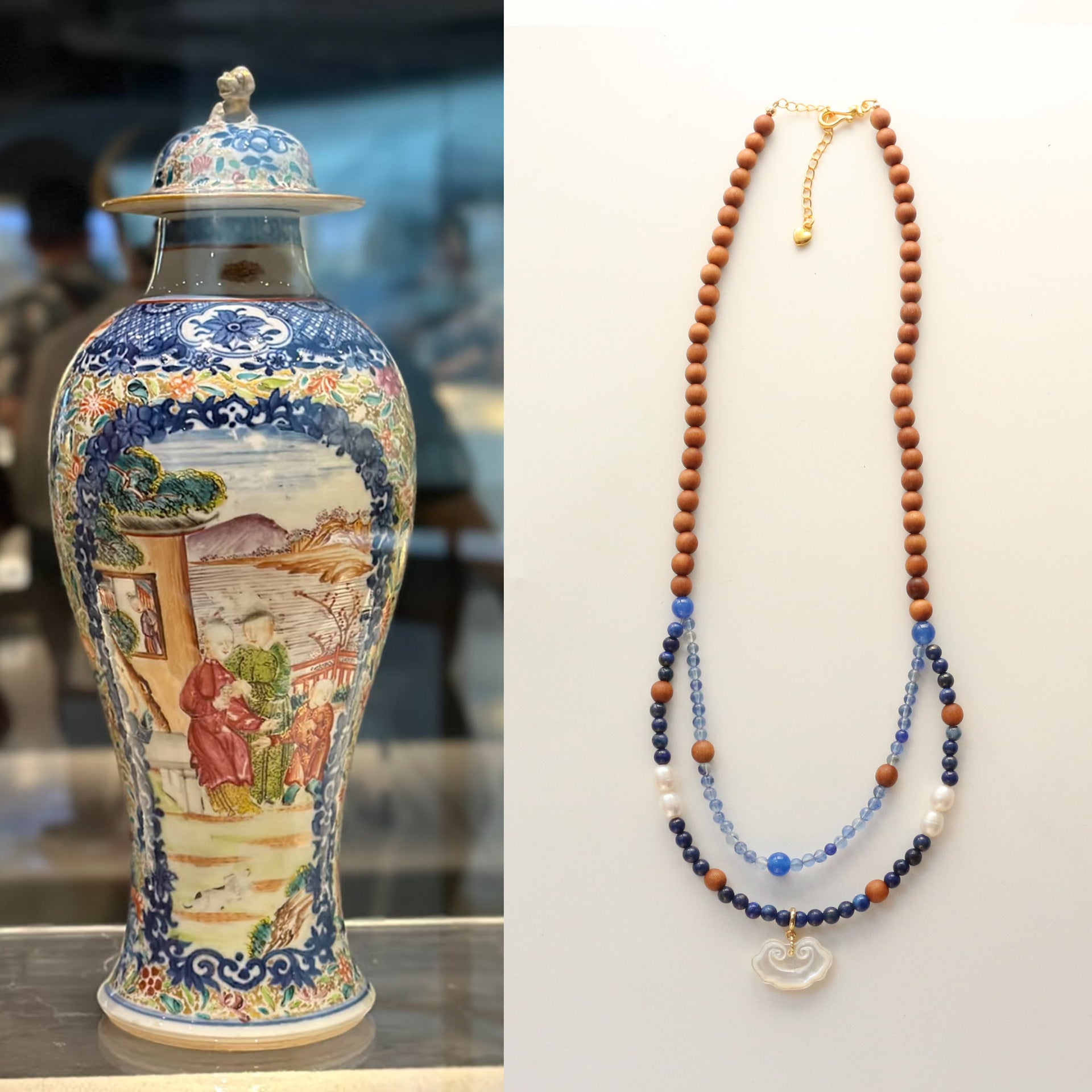 Jekira New Chinese-Style Sandalwood & Blue Agate Necklace Set