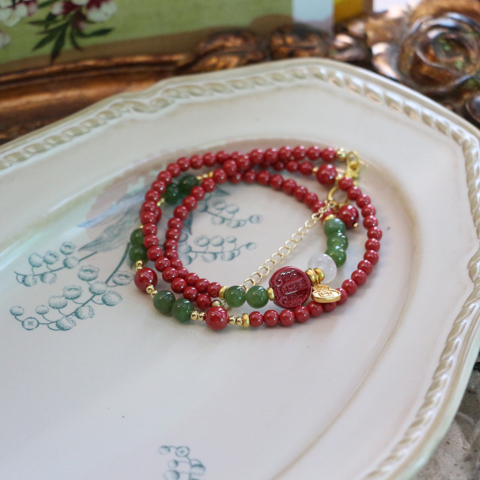 Imperial Sandstone & Emerald Jewelry Set with Gold Gourd Pendant - Jekira