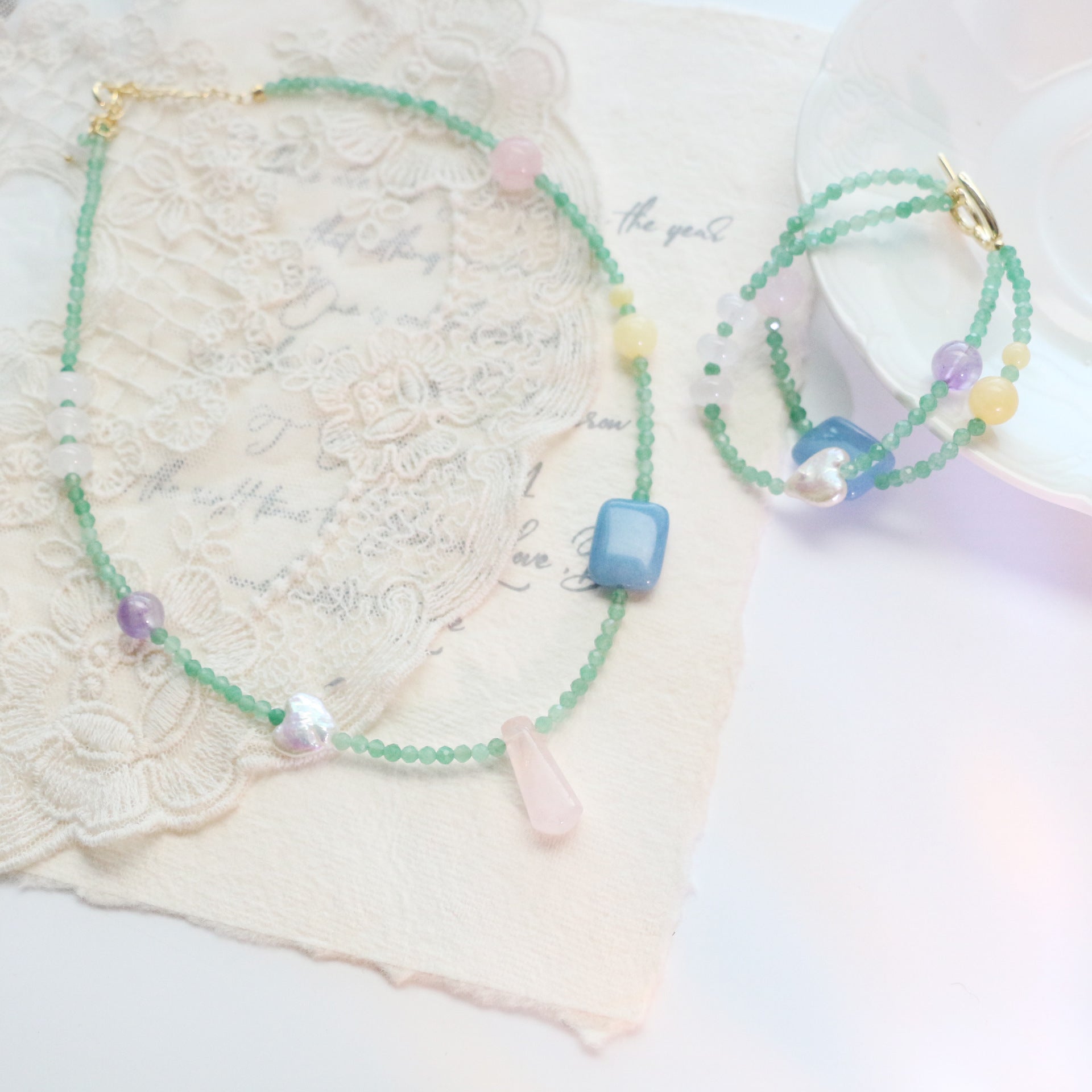 Jekira Natural Green Gemstone & Baroque Pearl Jewelry Set (Necklace+Bracelet)