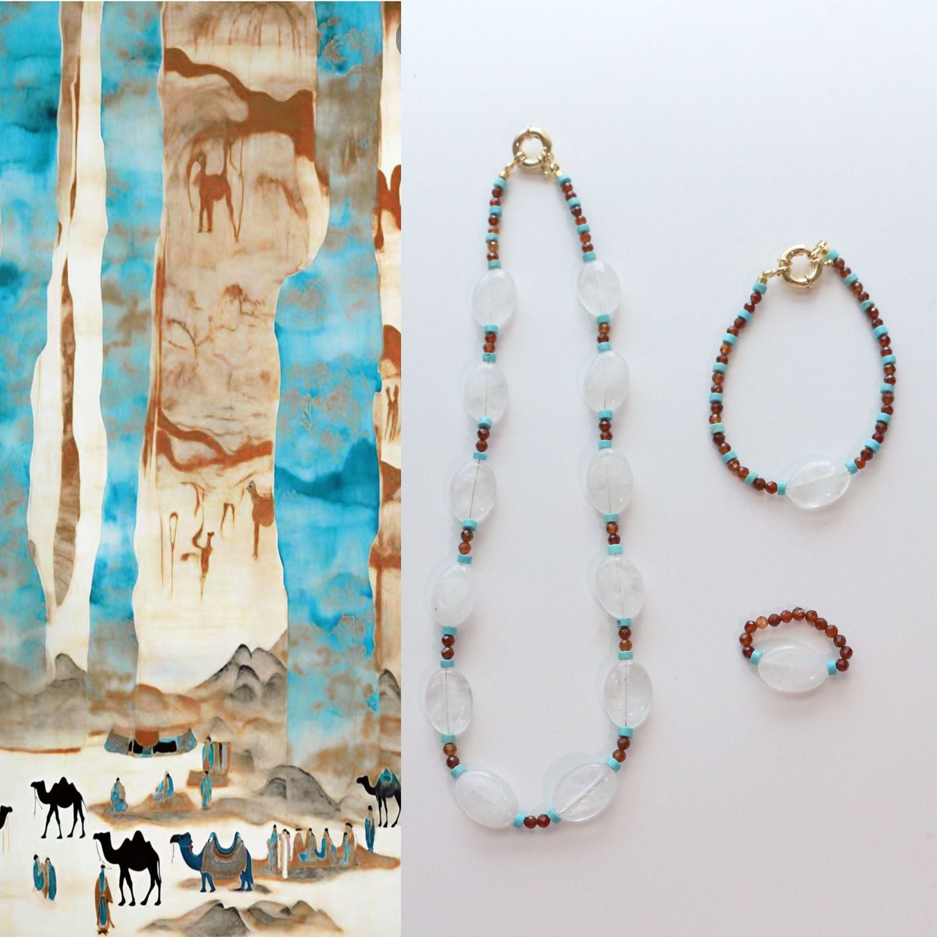 JEKIRA Oval White Quartz & Turquoise Bead Trio Set with Spessartine Garnet