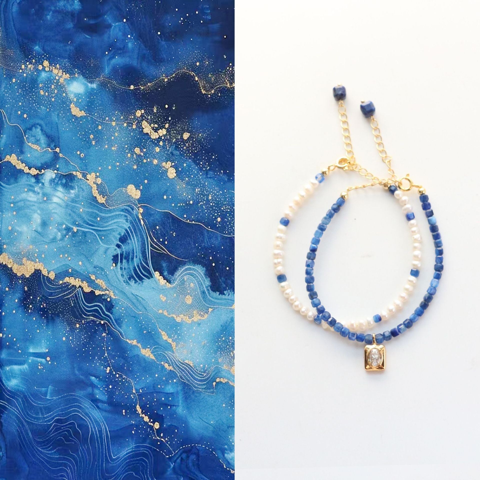 EKIRA Pearl & Raw Blue Crystal Beaded Bracelet