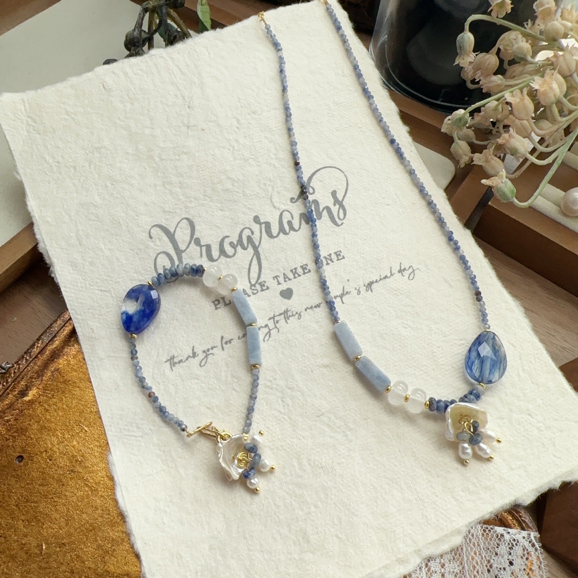 Jekira Blue Gemstone Beaded Necklace & Bracelet Set with Pearls