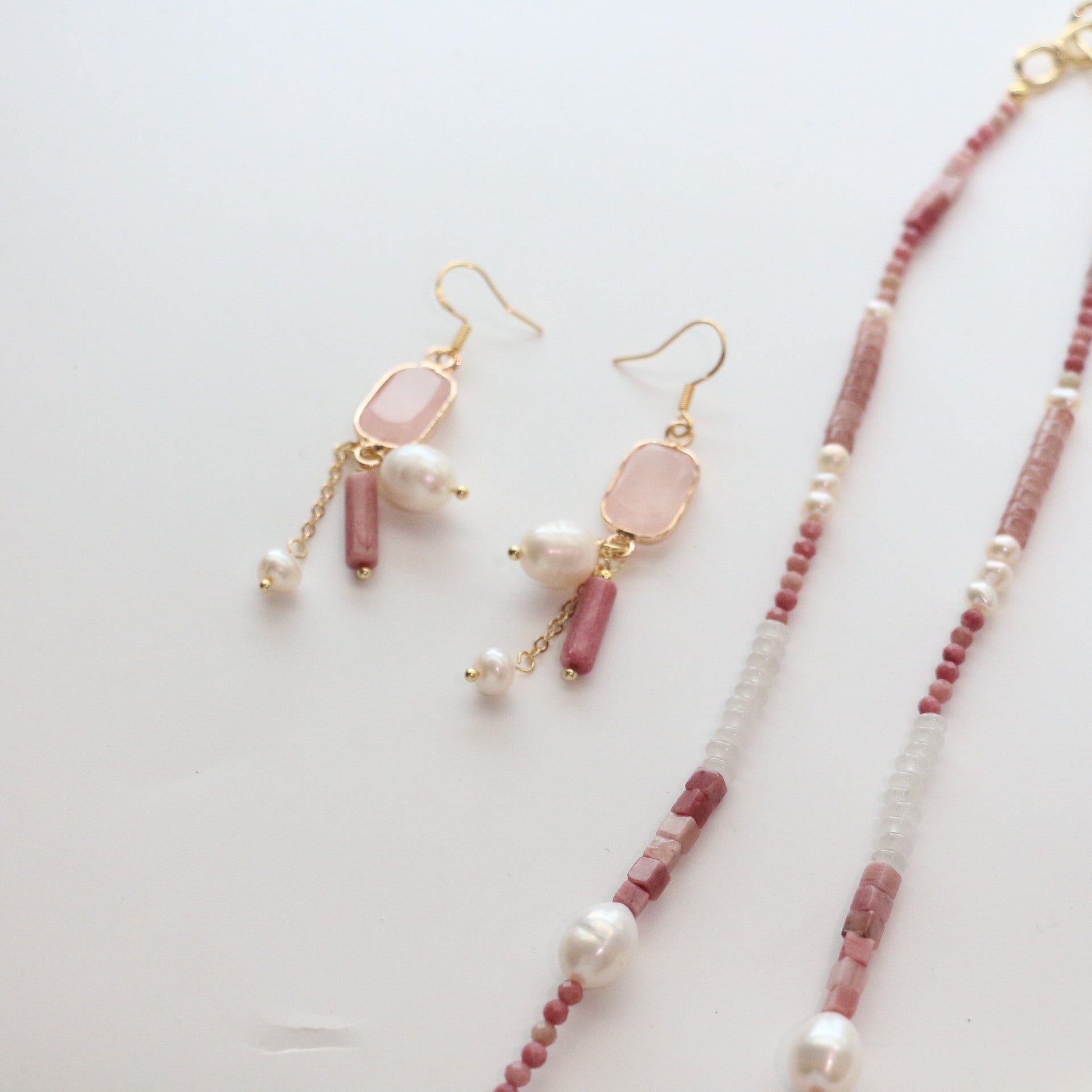 Jekira Rhodonite & Rose Quartz Healing Set (47cm Necklace + 925 Silver Earrings)