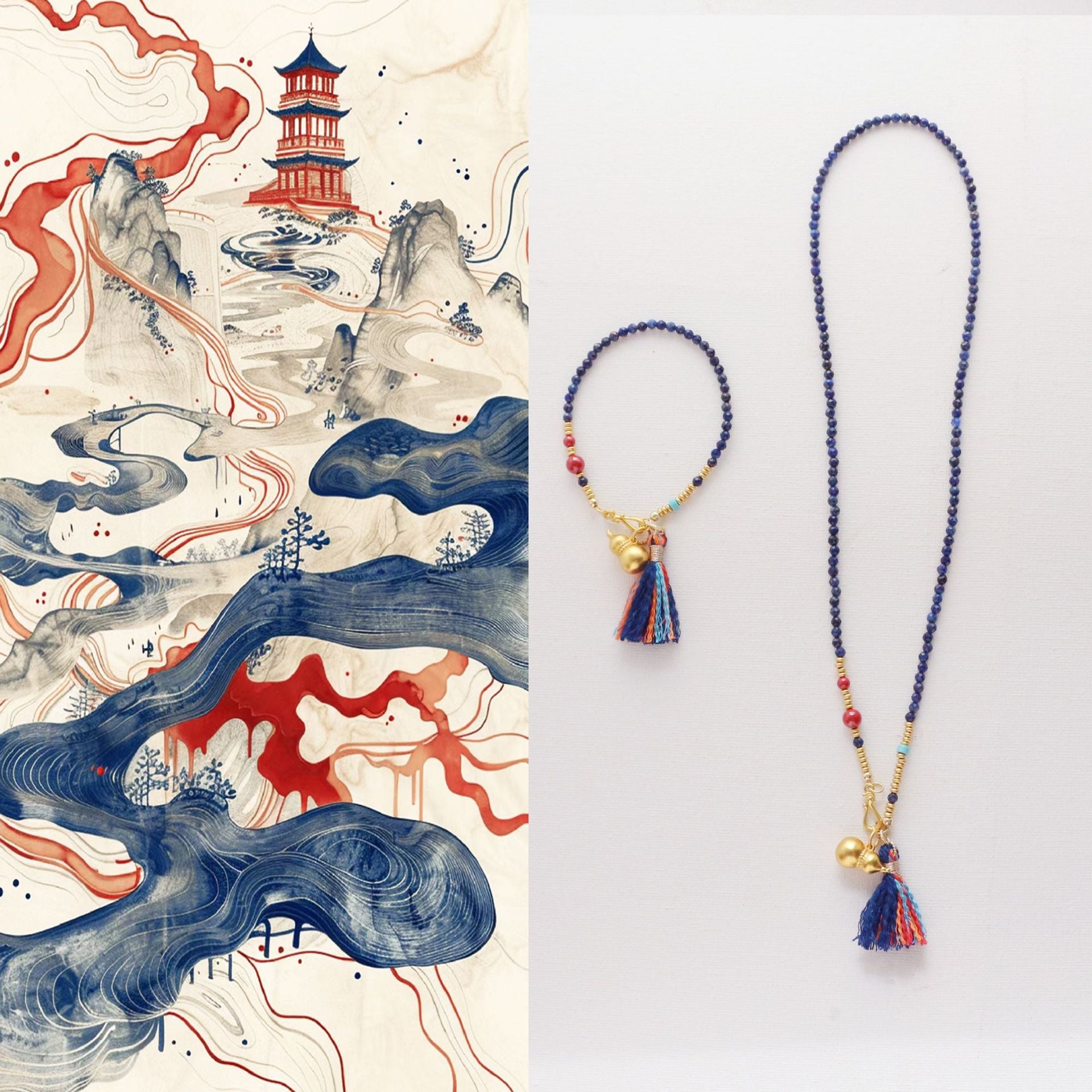 Jekira Lapis Lazuli & Imperial Sand Gourd Tassel Necklace and Bracelet Set