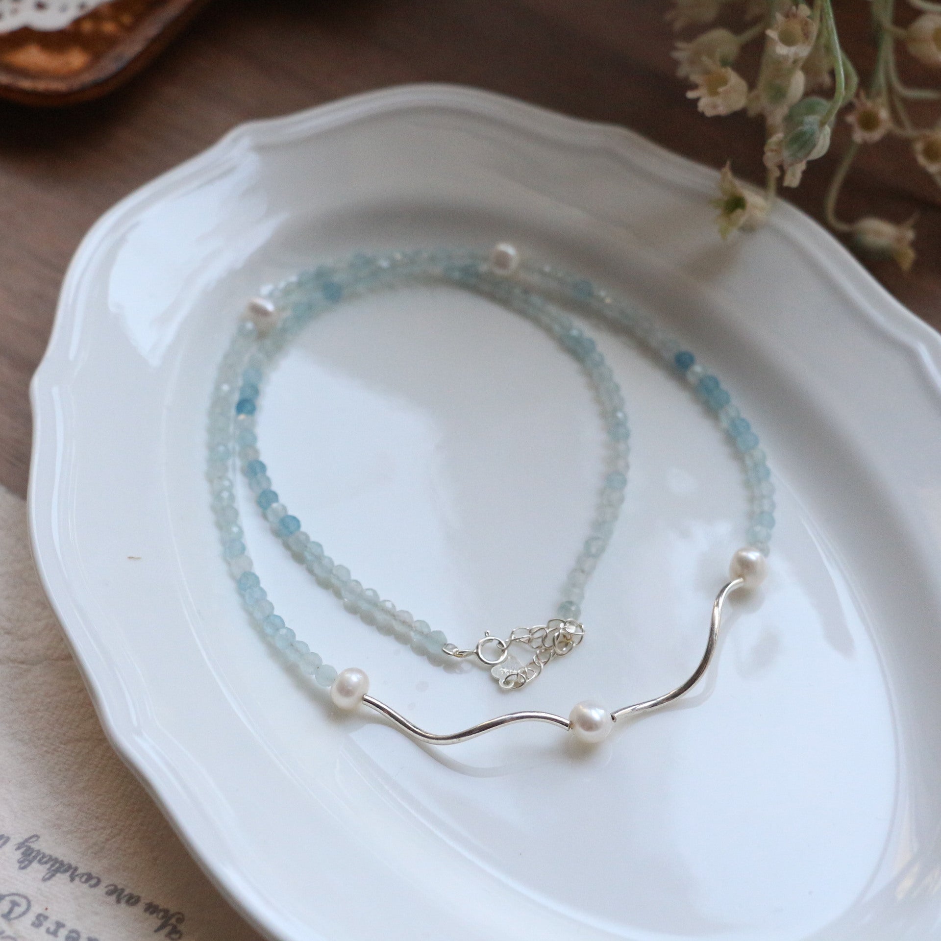 Jekira S925 Silver Blue Gemstone & Pearl Necklace