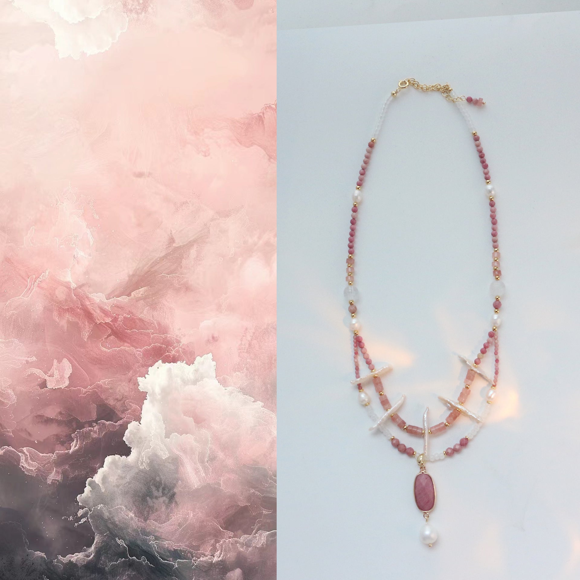 Jekira Vintage Double-Strand Rhodochrosite Pendant Necklace – Baroque Pearl & Crystal Romance