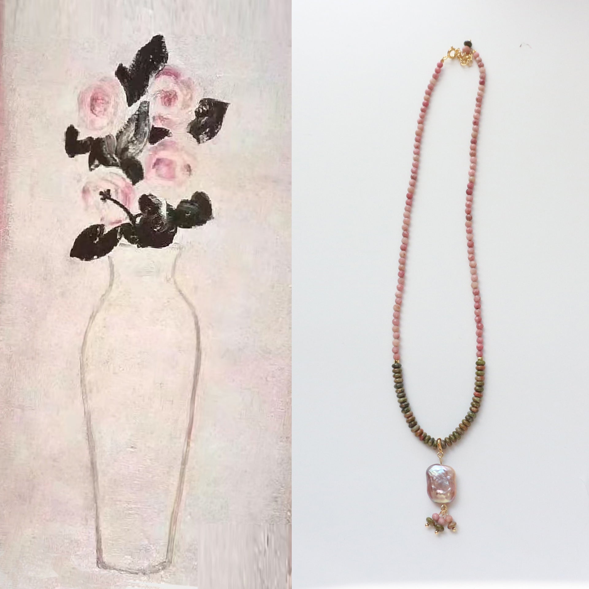 Jekira Rhodochrosite & Baroque Pearl Necklace Set