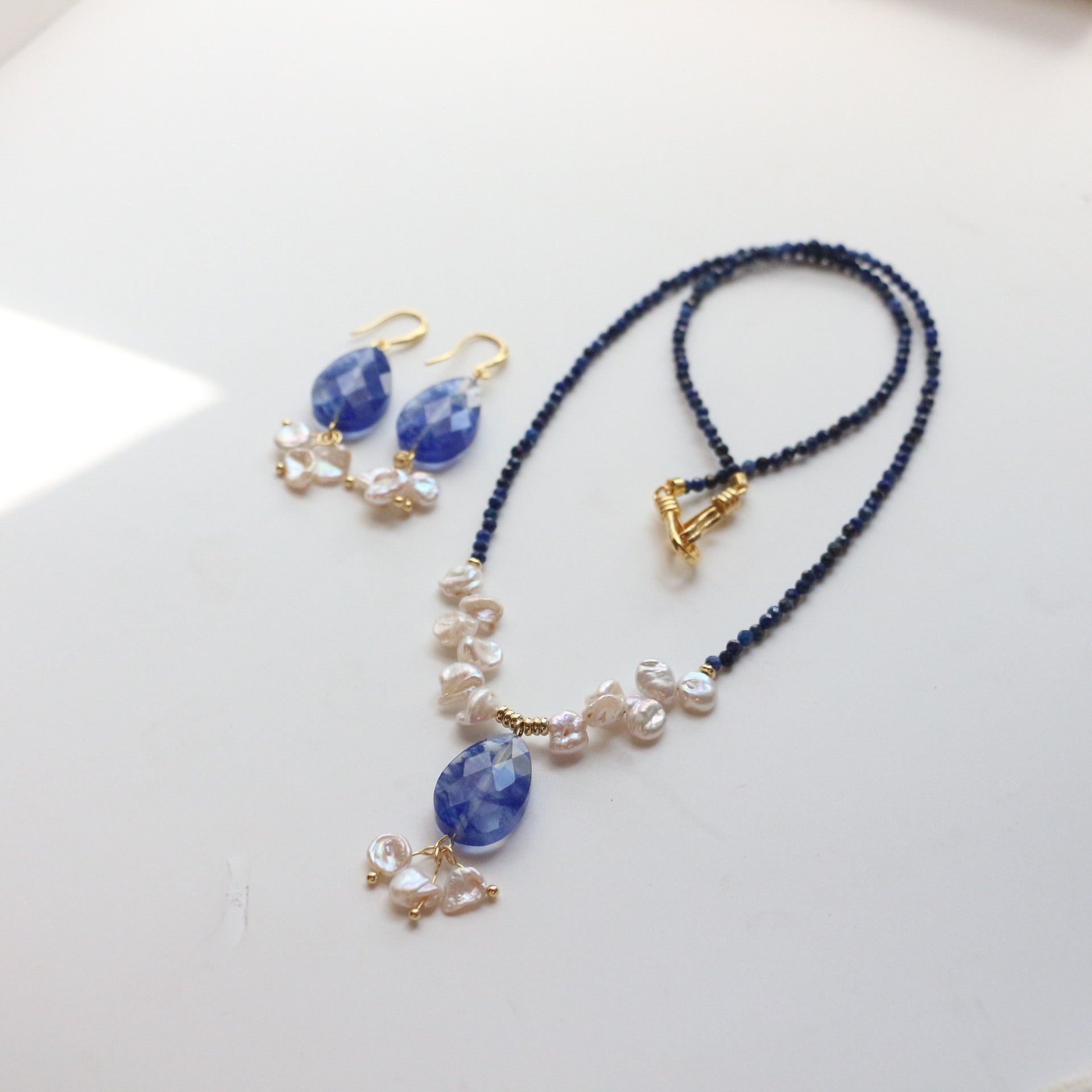 Jekira Lapis Lazuli & Petal Pearl Beaded Necklace and Earrings Set