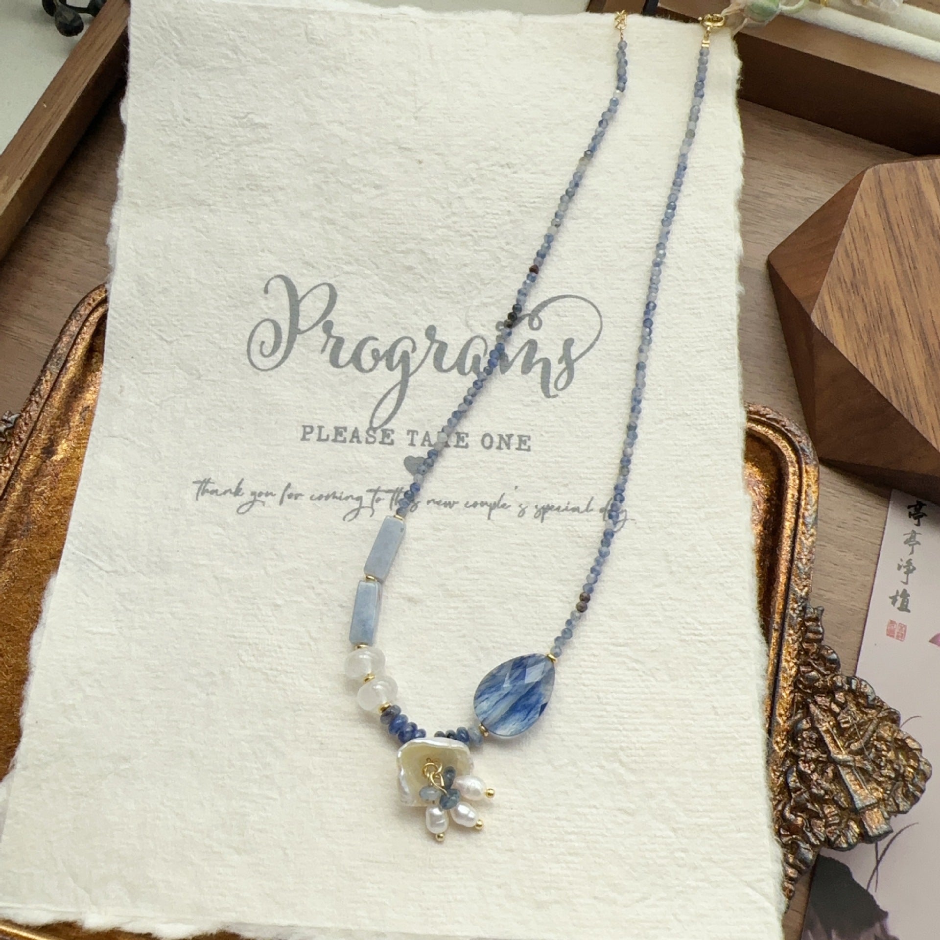 Jekira Blue Gemstone Beaded Necklace & Bracelet Set with Pearls