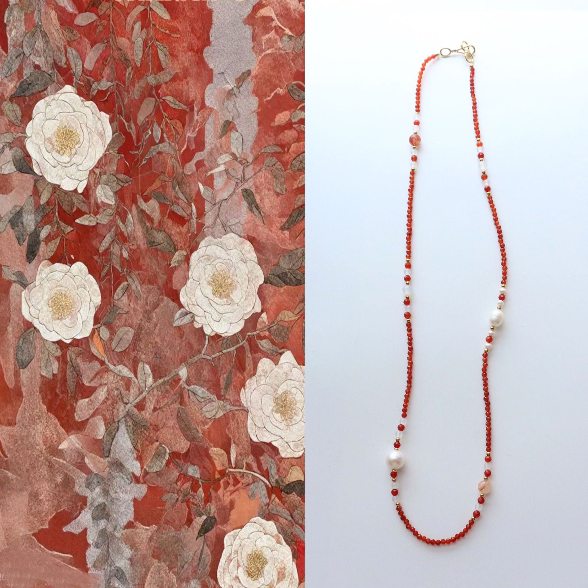 JEKIRA Victorian Carnelian & Baroque Pearl Opera Necklace