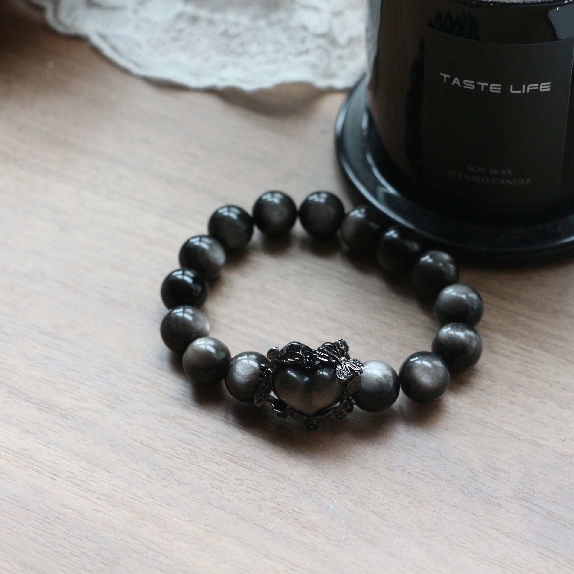 Jekira Obsidian Bracelet with Black Heart & Rose Detail
