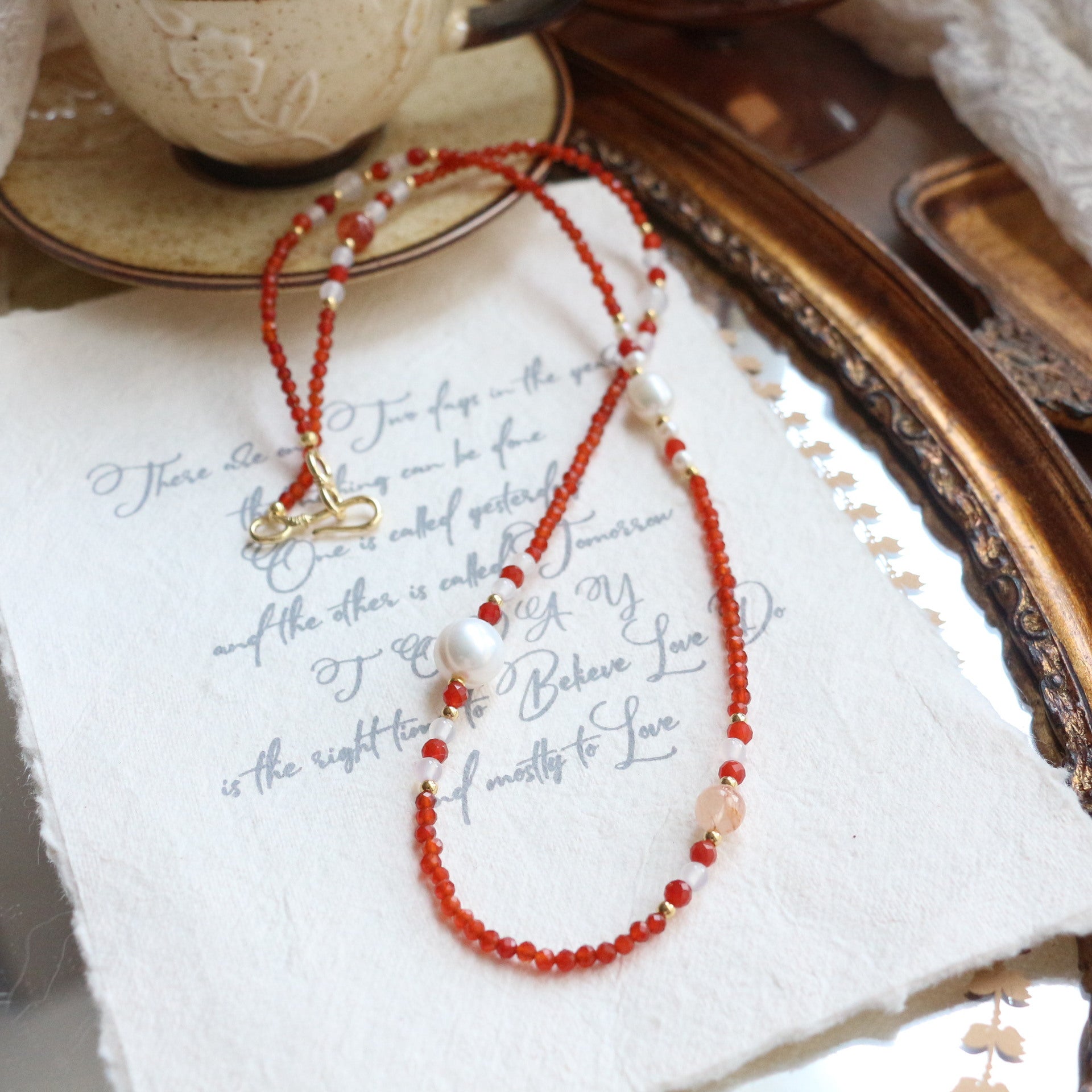 JEKIRA Victorian Carnelian & Baroque Pearl Opera Necklace