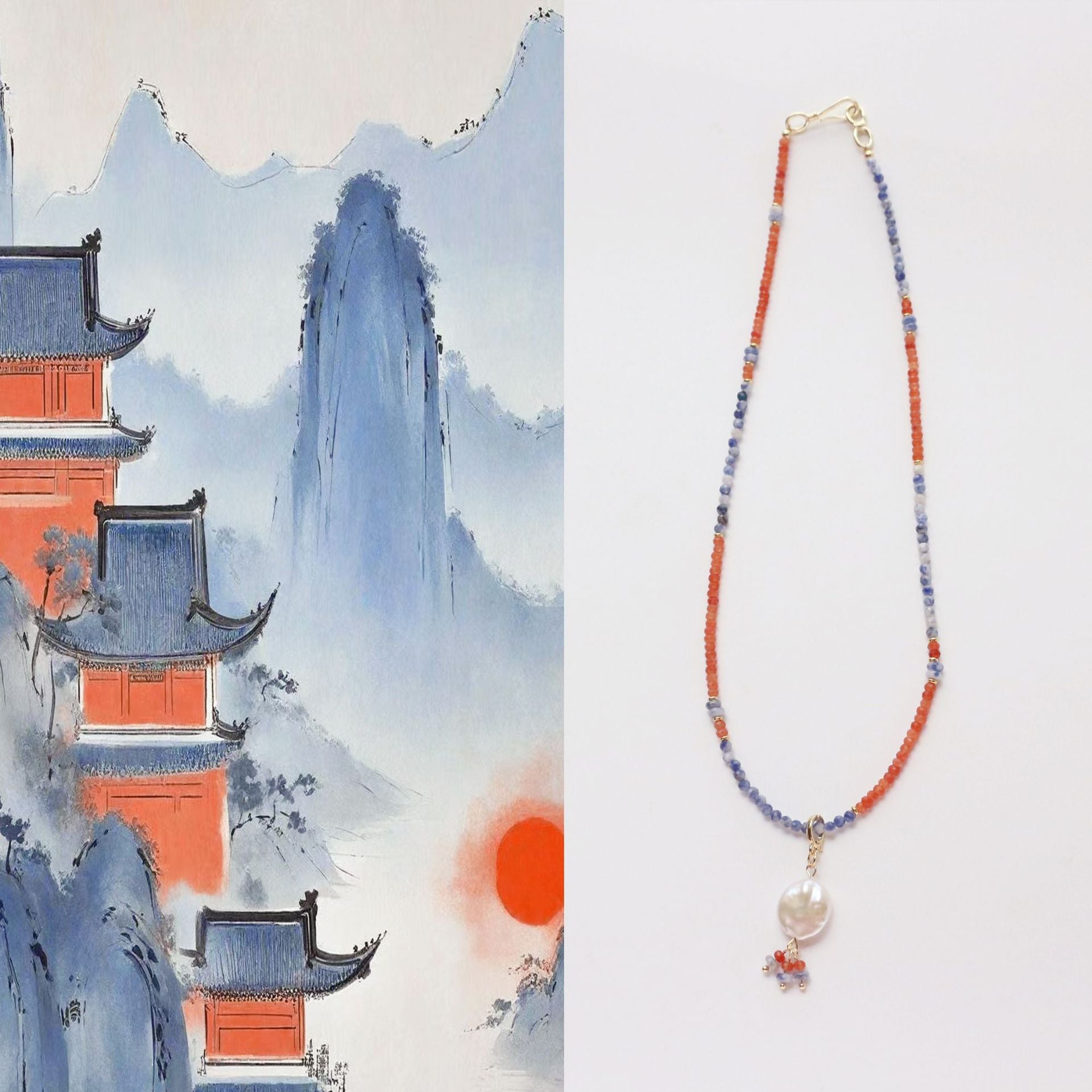 Jekira Retro Chinese Orange & Blue Gemstone Pearl Necklace