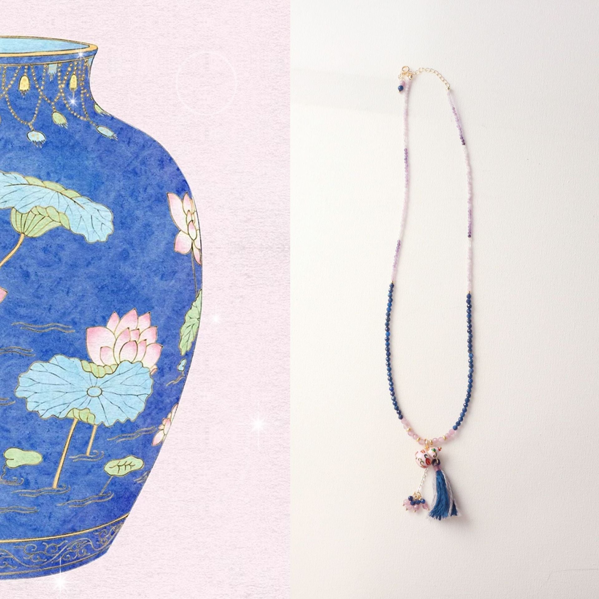 Jekira Lapis Lazuli & Amethyst Enamel Gourd Tassel Necklace – Sand Gold Luxury