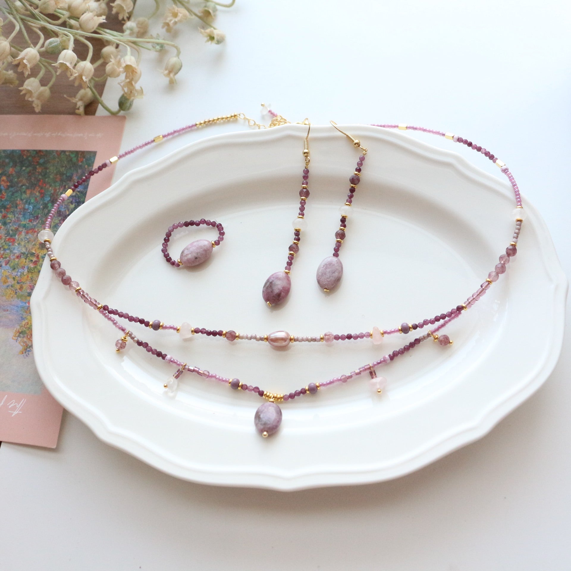 Jekira Lilac Charm Jewelry Set – Layered Baroque Pearl Necklace, Earrings & Ring with Amethyst