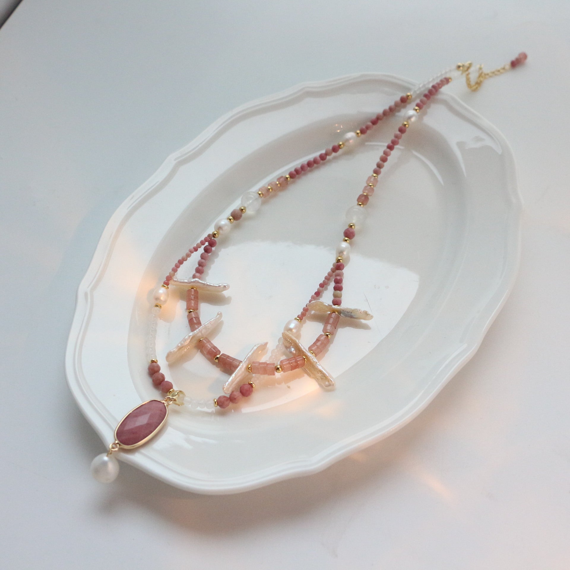 Jekira Vintage Double-Strand Rhodochrosite Pendant Necklace – Baroque Pearl & Crystal Romance