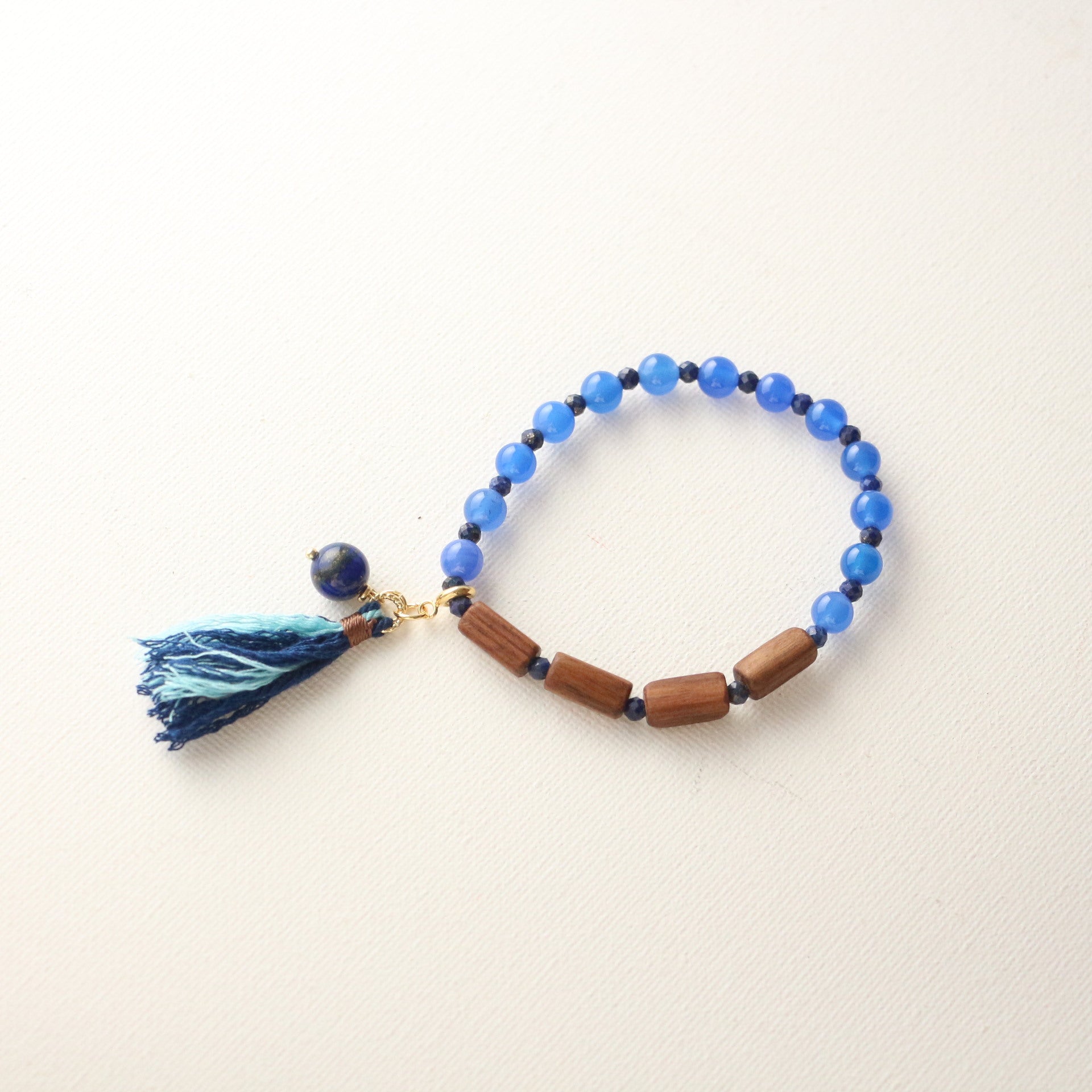 Jekira Blue Agate Lapis Lazuli Wood Bead Tassel Elastic Bracelet