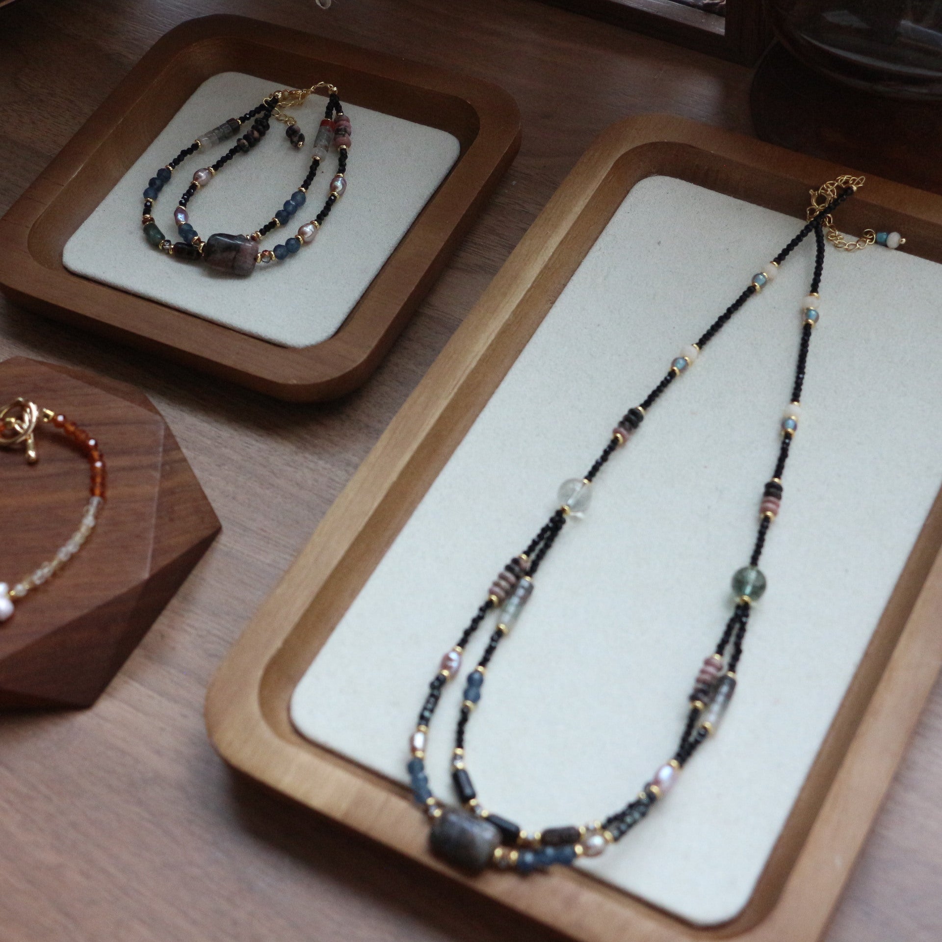 JEKIRA Baroque Pearl & Black Stone Layered Necklace + Bracelet Set