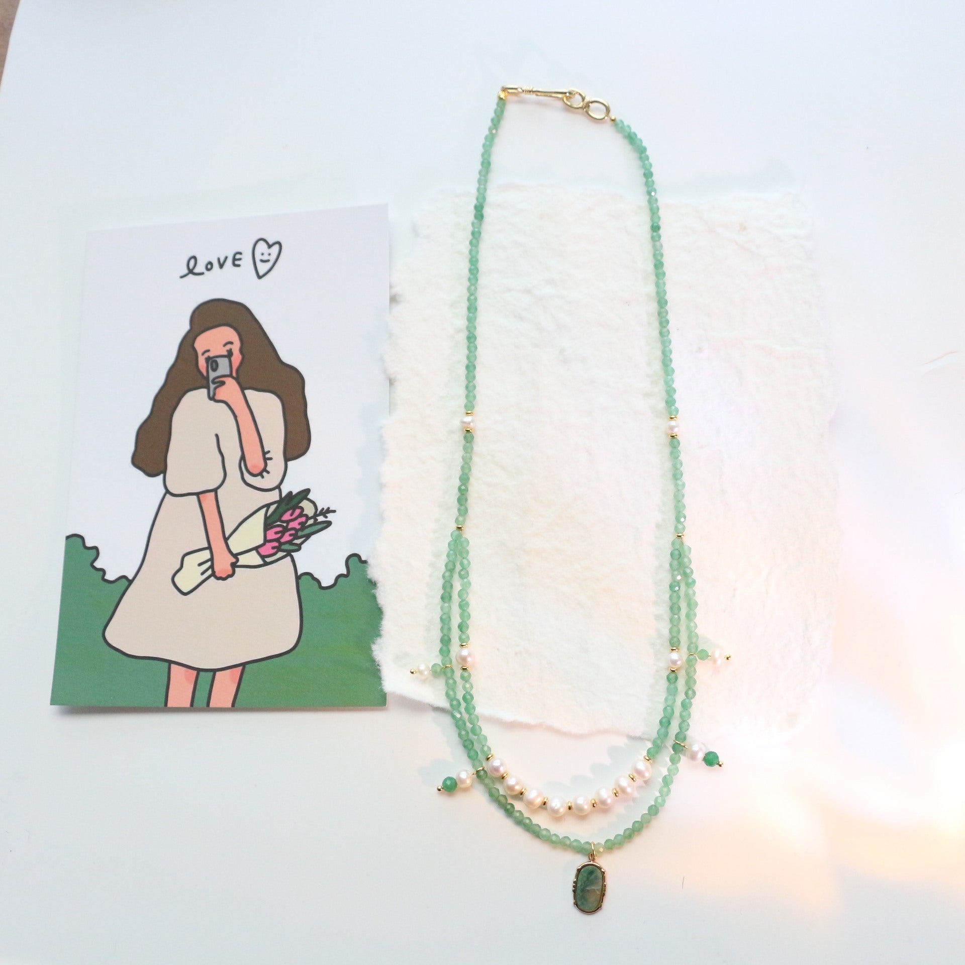 Jekira Royal Green Baroque Pearl Double Layer Necklace - Copper 18K Gold Plated