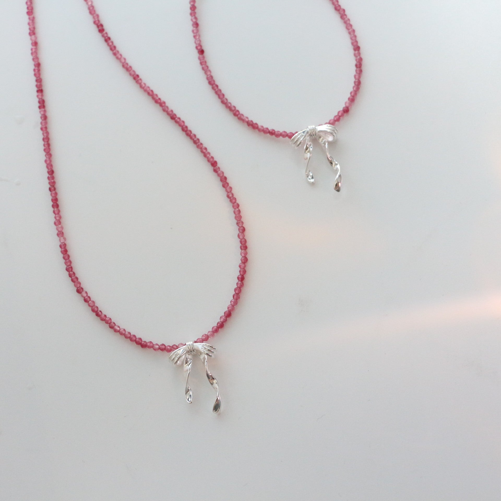 Jekira 2mm Pink Tourmaline & Sterling Silver Bow Necklace + Bracelet Set