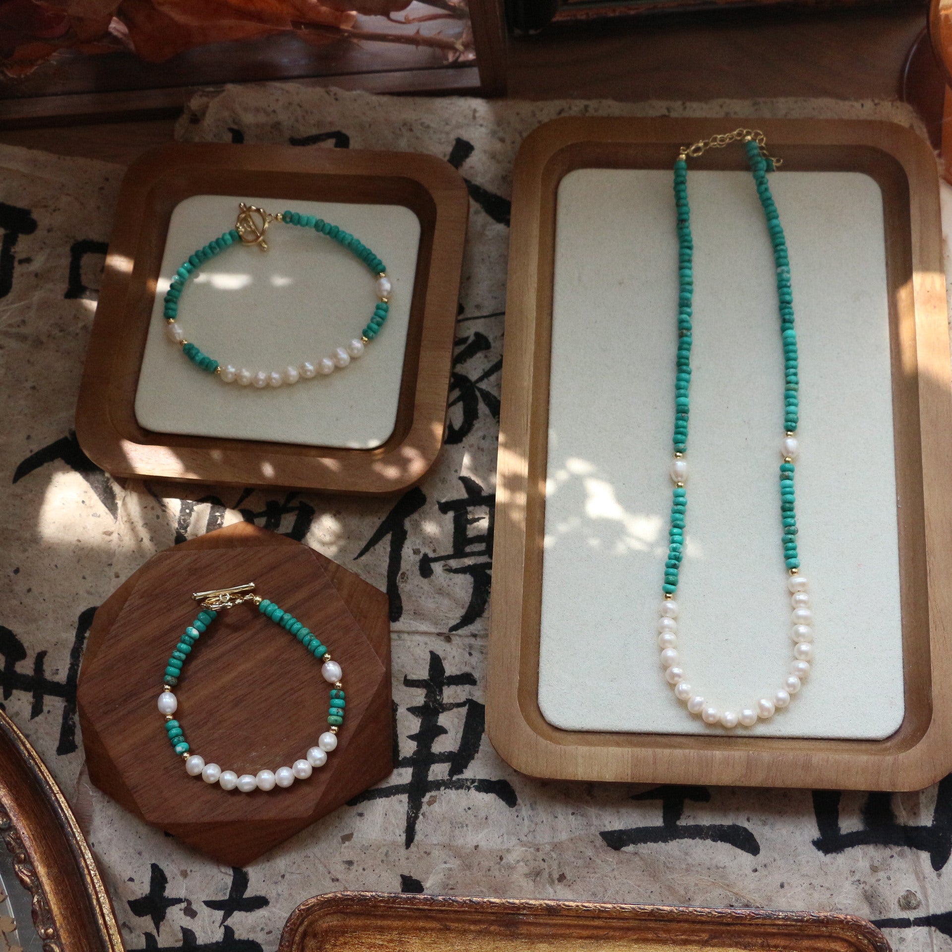 Jekira Turquoise & Petal Baroque Pearl Beaded Necklace and Bracelet Set