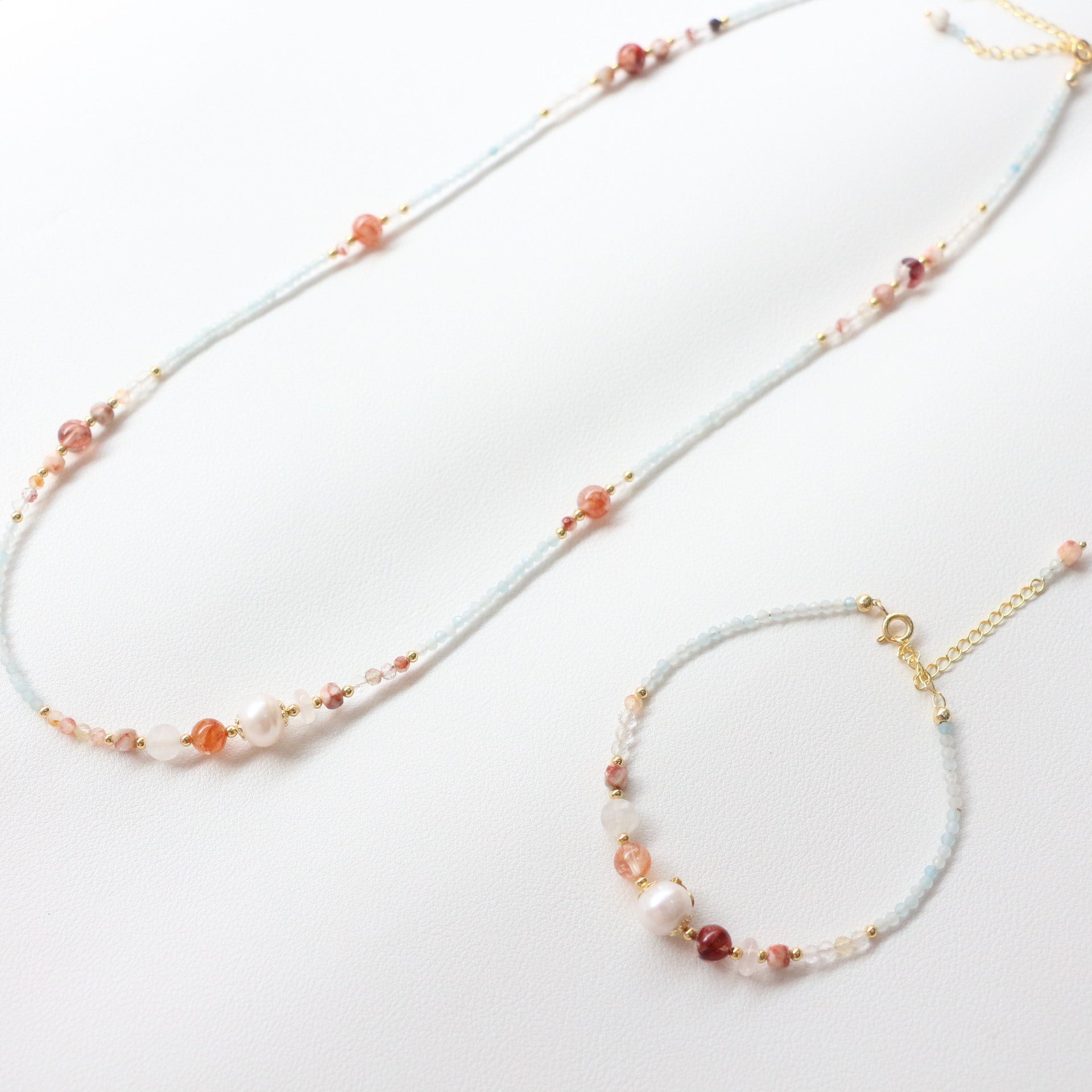 JEKIRA Red Phantom Quartz & Aquamarine Delicate Set