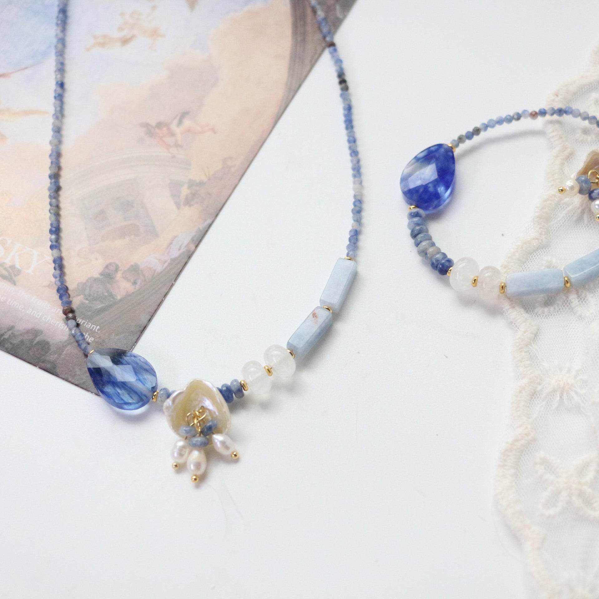 Jekira Blue Gemstone Beaded Necklace & Bracelet Set with Pearls