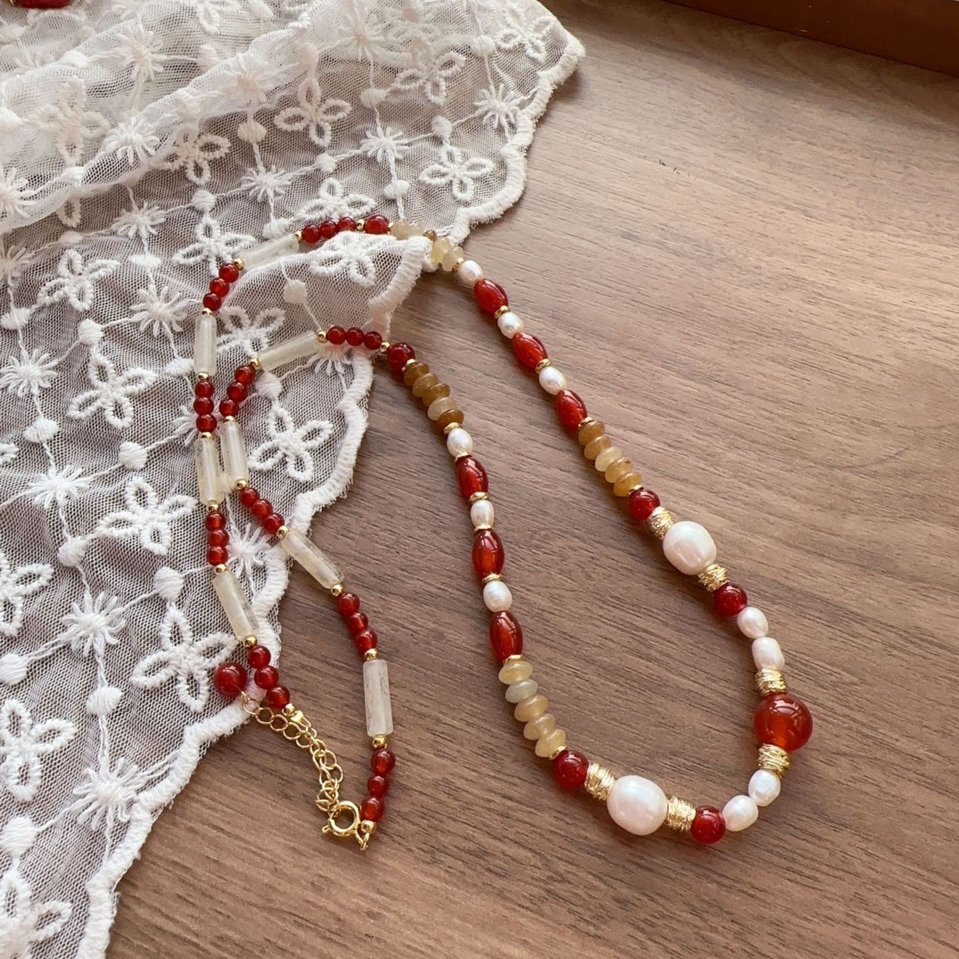 Jekira | Red Agate Long Beaded Necklace with Yellow Gemstone & Baroque Pearl – 56+6cm
