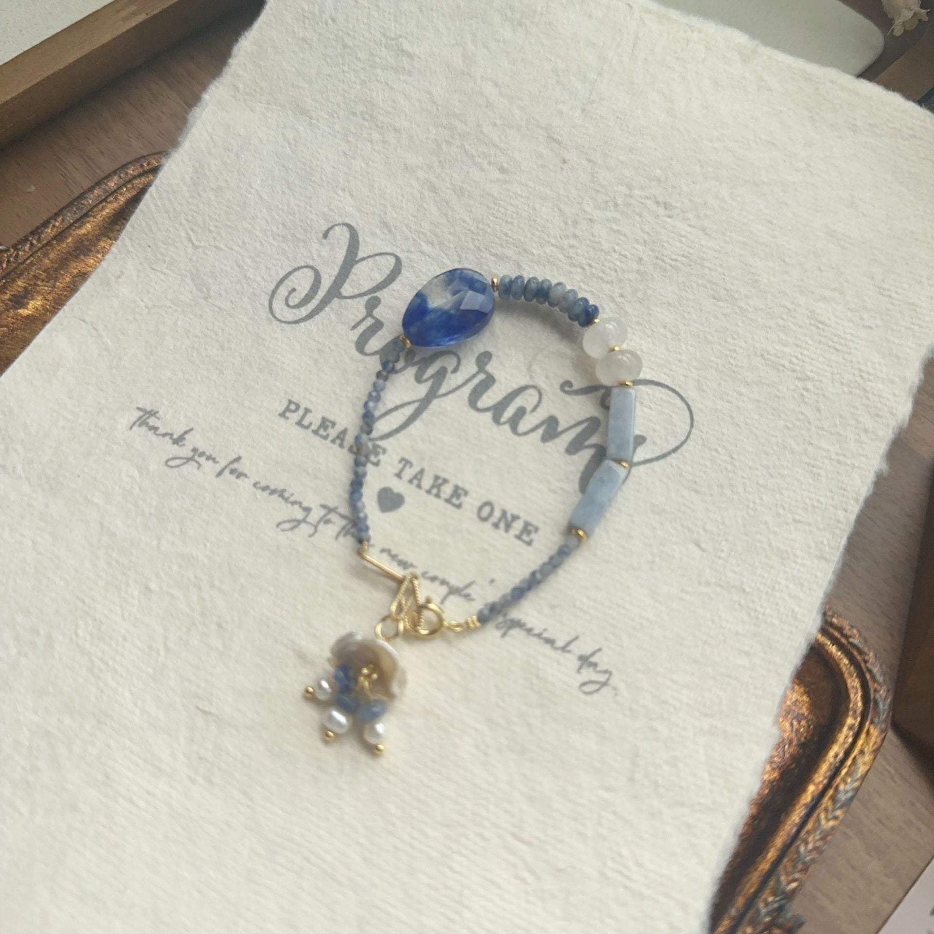 Jekira Blue Gemstone Beaded Necklace & Bracelet Set with Pearls