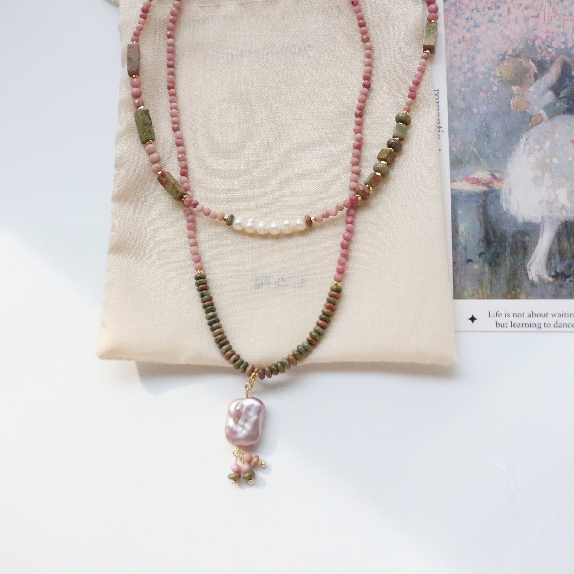 Jekira Rhodochrosite & Baroque Pearl Necklace Set