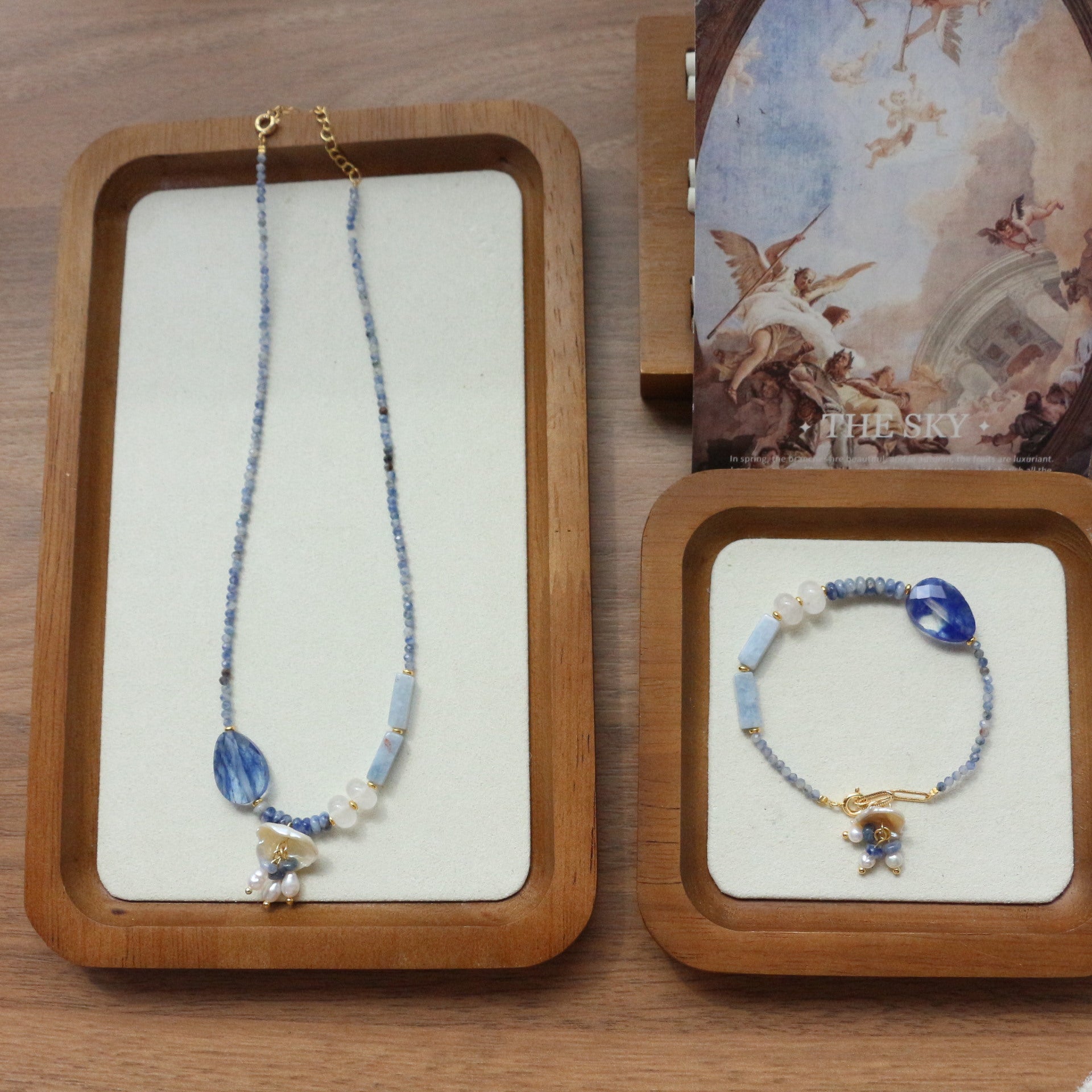 Jekira Blue Gemstone Beaded Necklace & Bracelet Set with Pearls