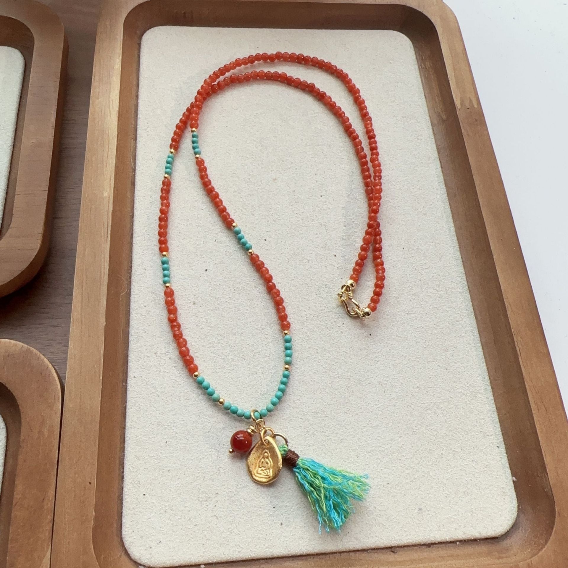 Jekira Red Agate & Turquoise Tassel Necklace with Adjustable 925 Silver Bracelet Set
