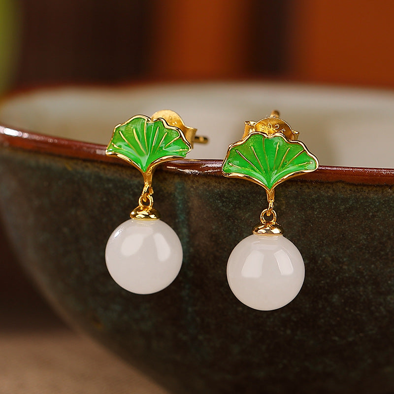 S925 sterling silver white jade ginkgo leaf round bead jewelry