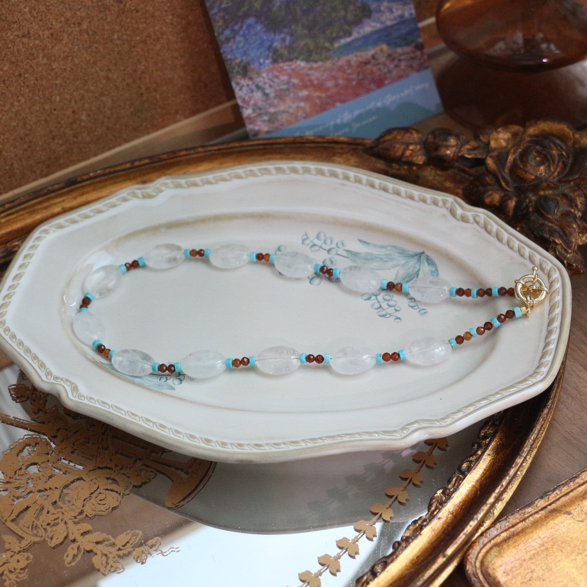 JEKIRA Oval White Quartz & Turquoise Bead Trio Set with Spessartine Garnet