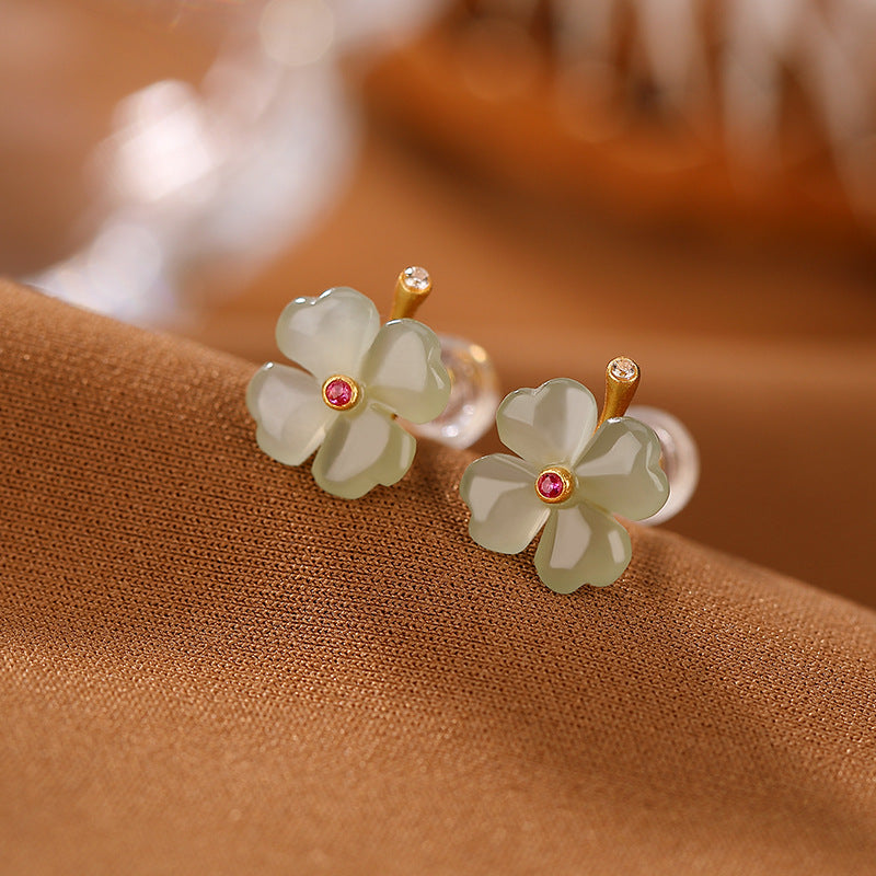 S925 sterling silver natural Hetian jade four-leaf clover earrings