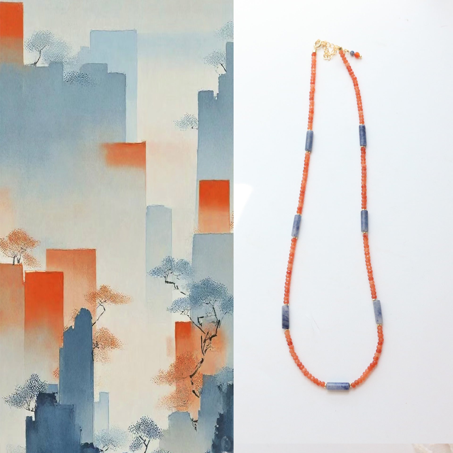 JEKIRA Sunset & Ocean Gemstone Necklace: Orange/Blue Gold Bead Chain 42+5cm