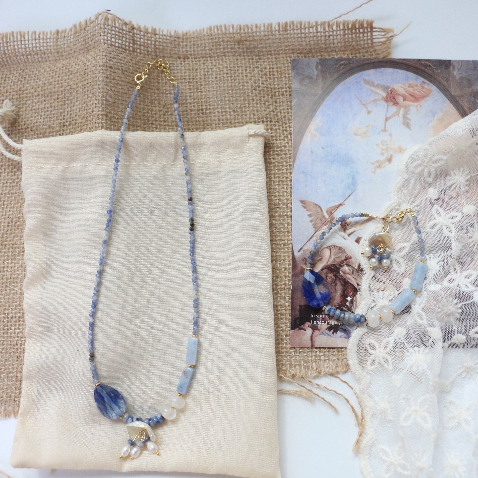 Jekira Blue Gemstone Beaded Necklace & Bracelet Set with Pearls