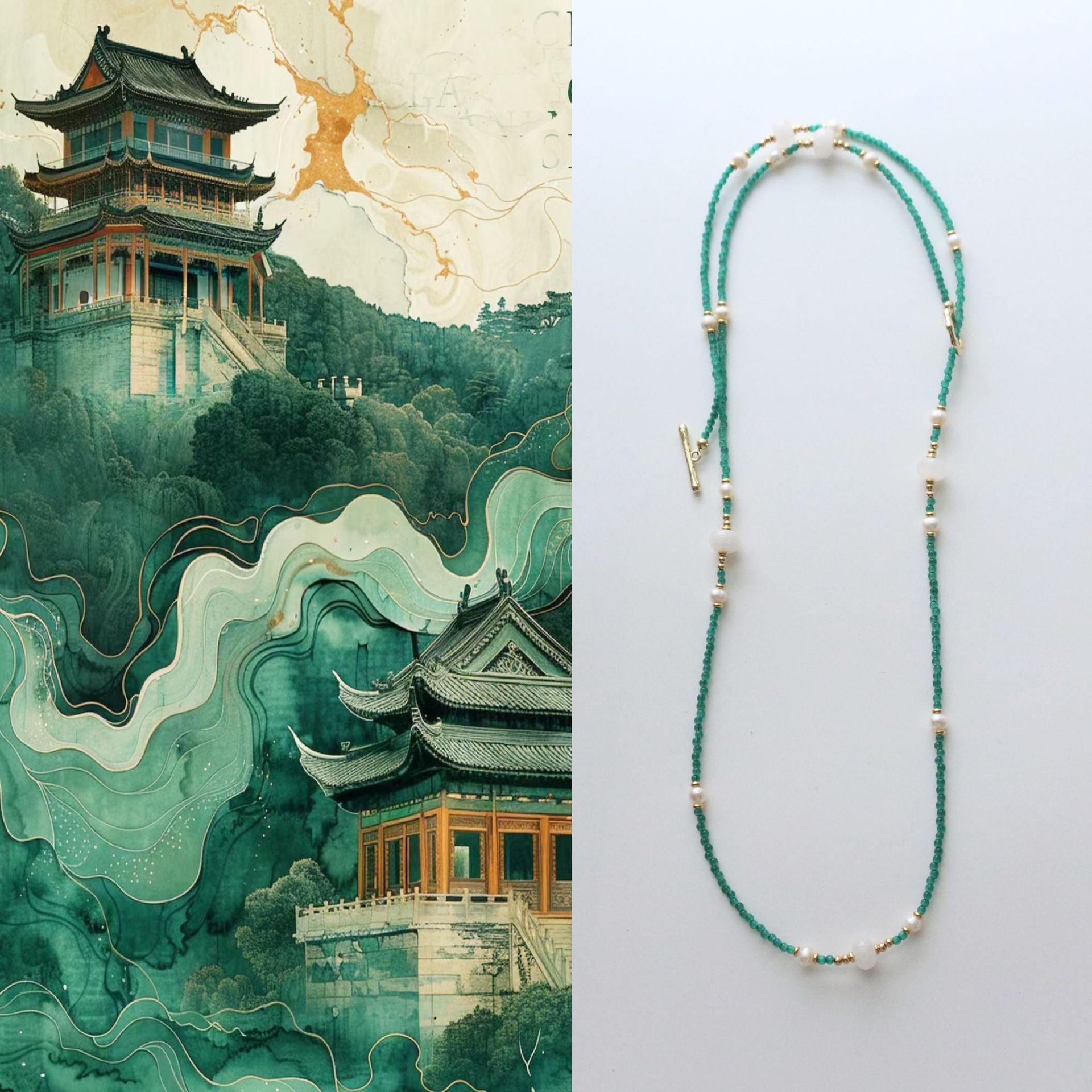 JEKIRA Green Gemstone & Baroque Pearl Long Necklace – 70cm